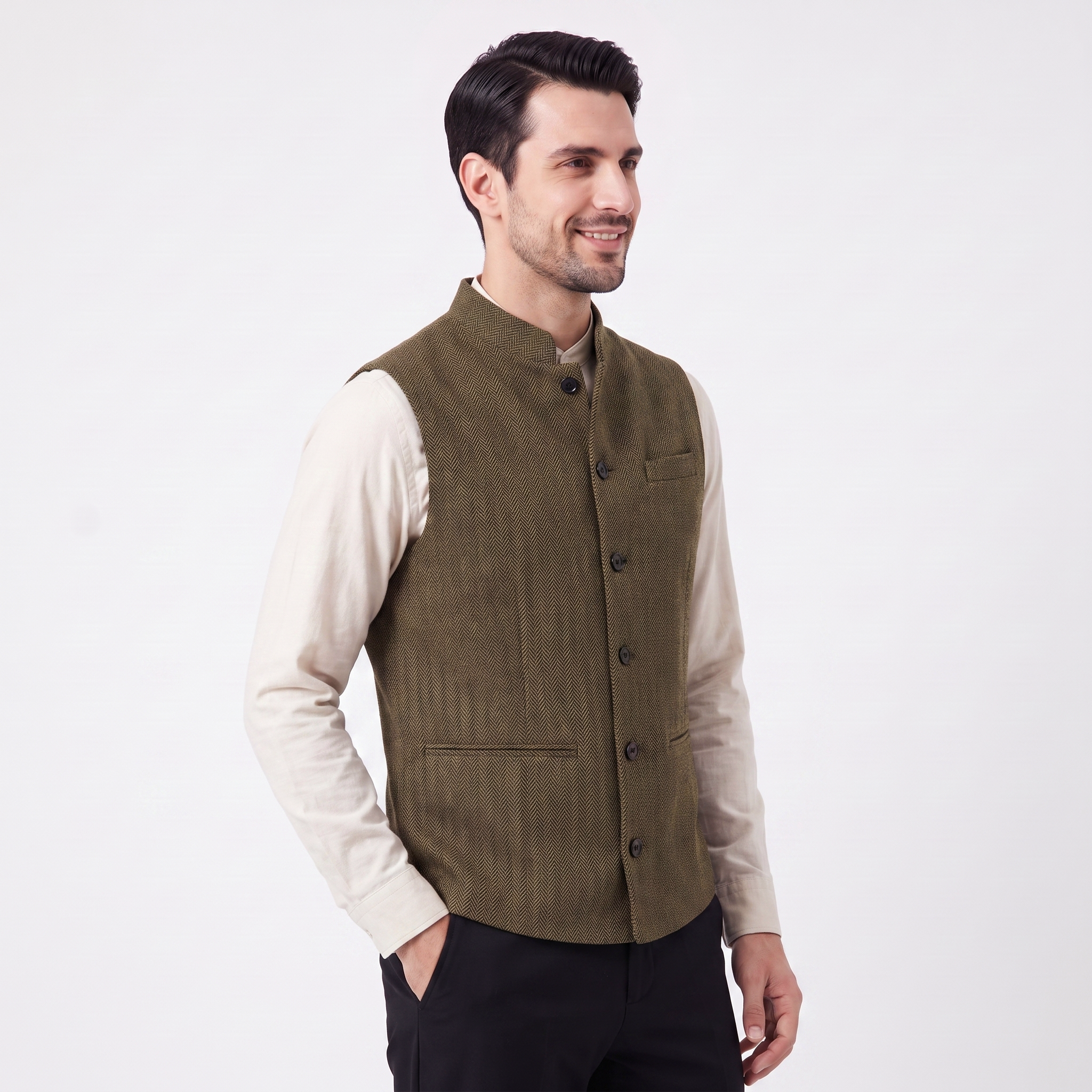 Ceehuteey Men's Herringbone Stand Collar Waistcoat