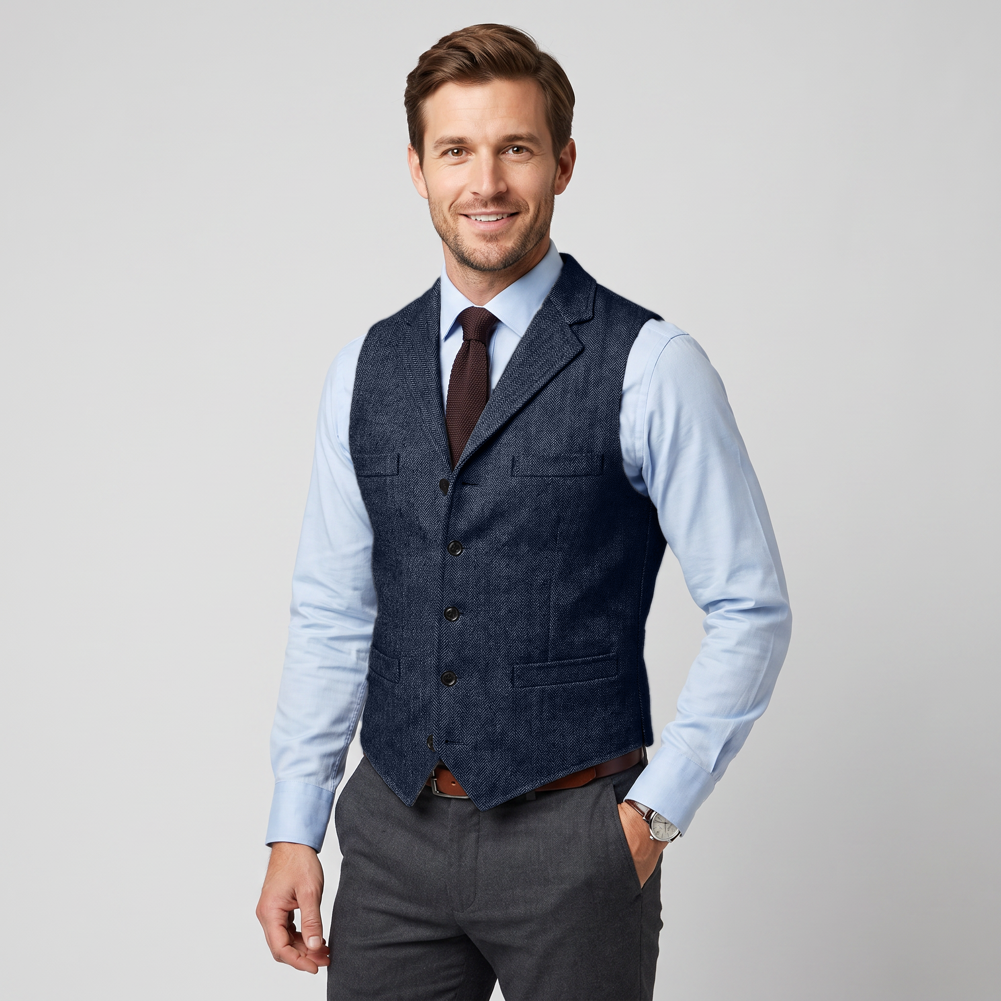 Ceehuteey Men's Classic Herringbone Notch Lapel Waistcoat
