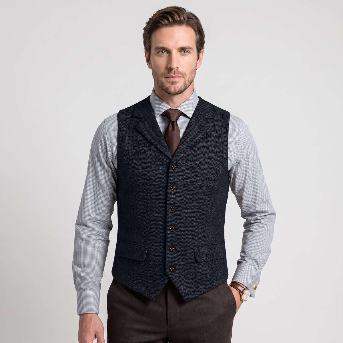 Ceehuteey Men's Classic vintage Vest Tweed Herringbone Notch Lapel Waistcoat