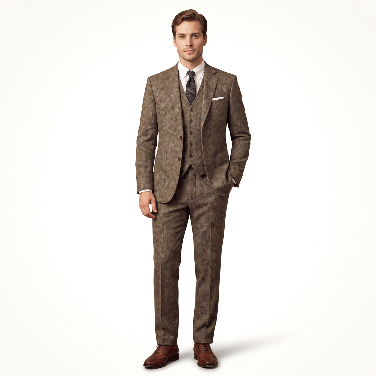 Ceehuteey 3 Pieces Men's Suit Classic Tweed Notch Lapel Suits Prom(Blazer+Vest+Pants)