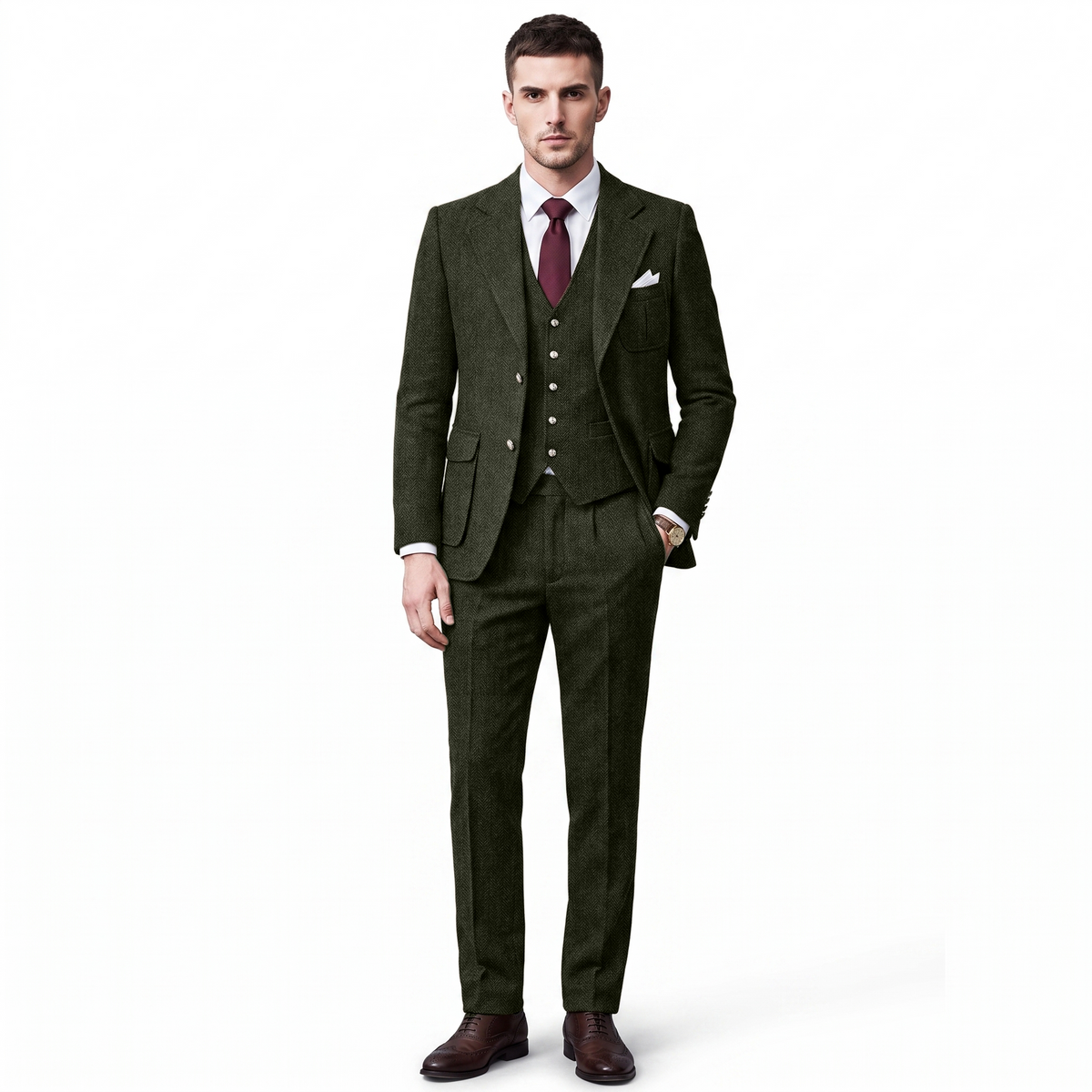 Ceehuteey Men's 3 Pieces Classic Herringbone Tweed Notch Lapel Suits (Blazer+Vest+Pants)