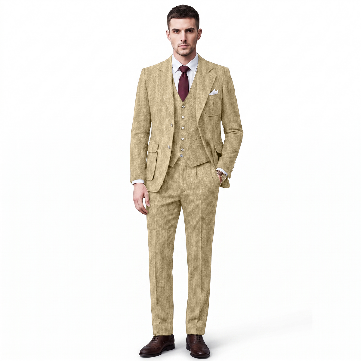Ceehuteey Men's 3 Pieces Classic Herringbone Tweed Notch Lapel Suits (Blazer+Vest+Pants)