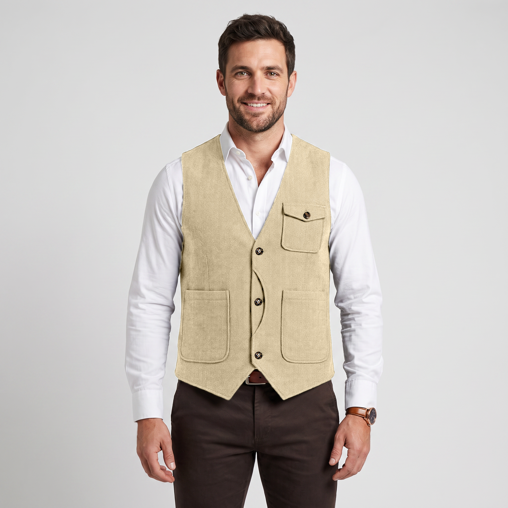 Ceehuteey Men‘s Causual V Neck Tweed Herringbone Waistcoat