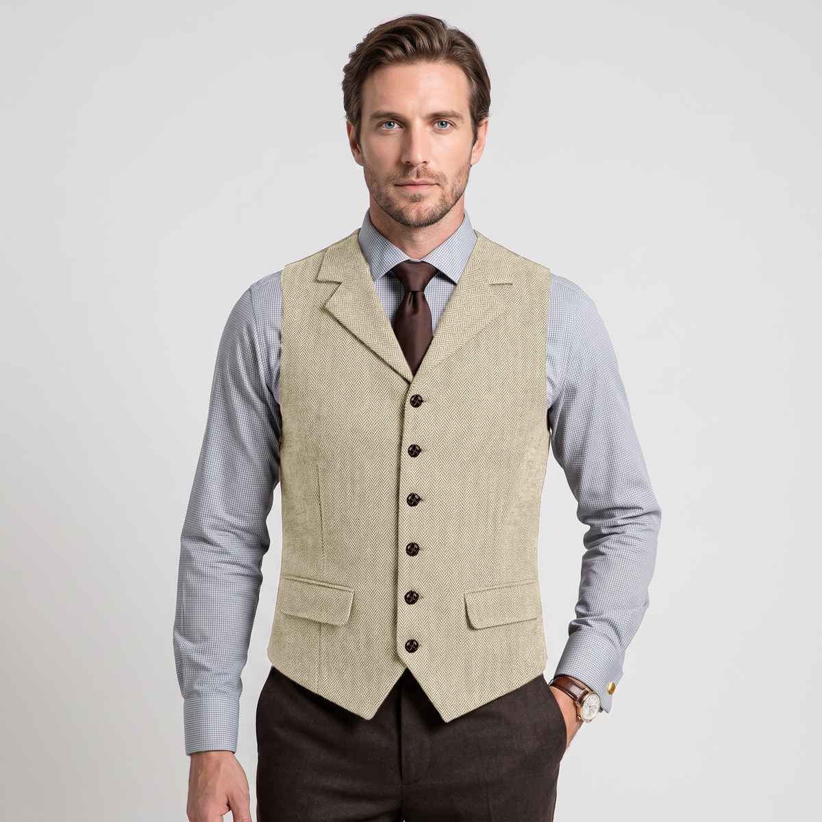 Ceehuteey Men's Classic vintage Vest Tweed Herringbone Notch Lapel Waistcoat