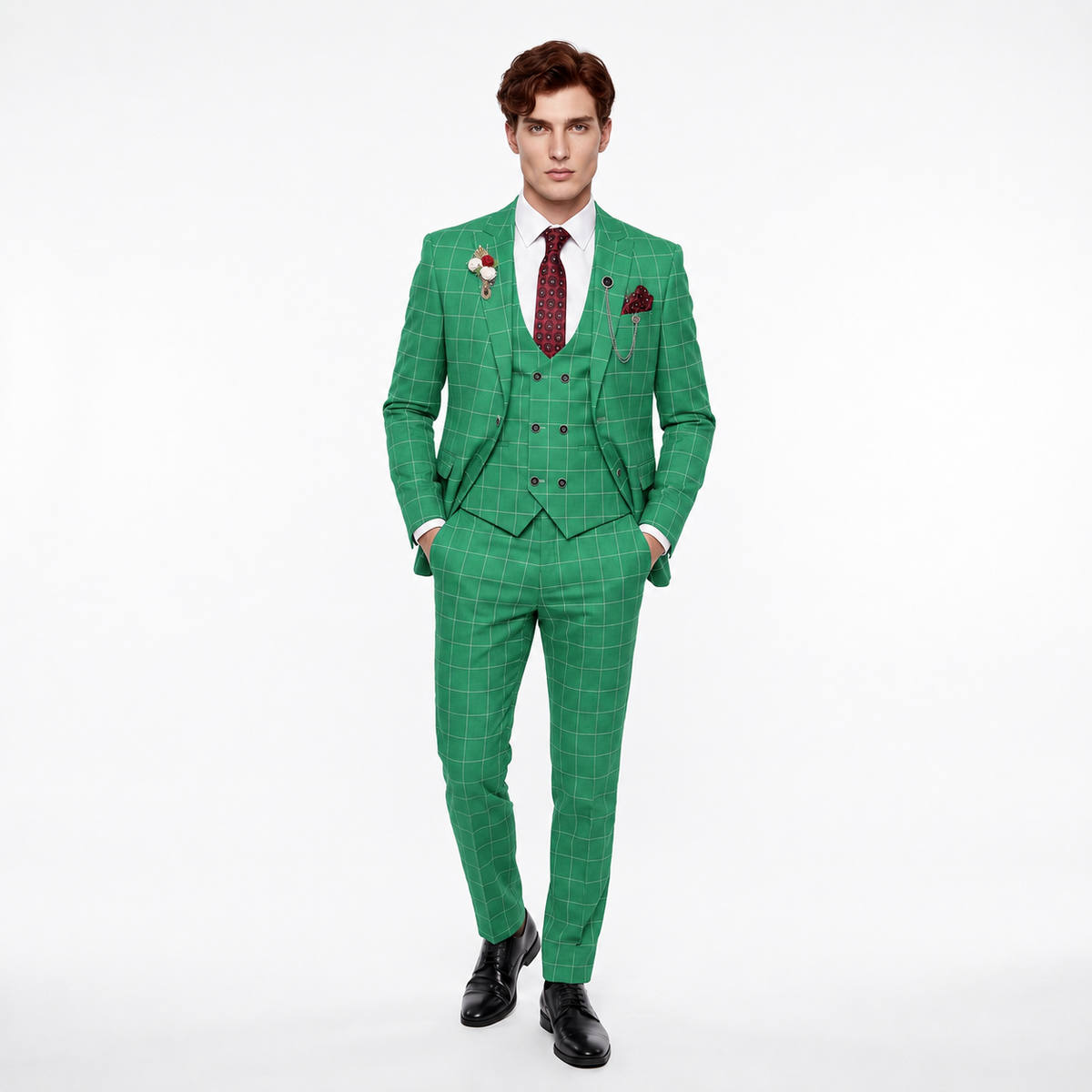 Ceehuteey Casual 3 Pieces Plaid Peak Lapel Men's Suits (Blazer+Vest+Pants)