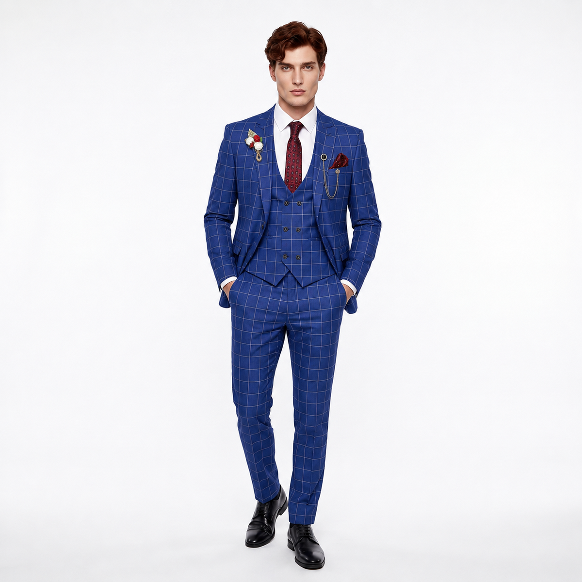 Ceehuteey Casual 3 Pieces Plaid Peak Lapel Men's Suits (Blazer+Vest+Pants)