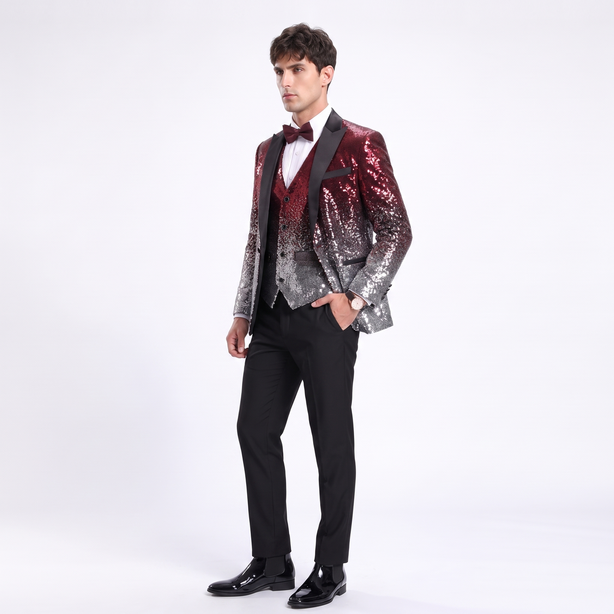 Ceehuteey Men's Shiny Sequins 3 Piece Suit Blazer One Button Prom (Blazer + Vest + Pants)