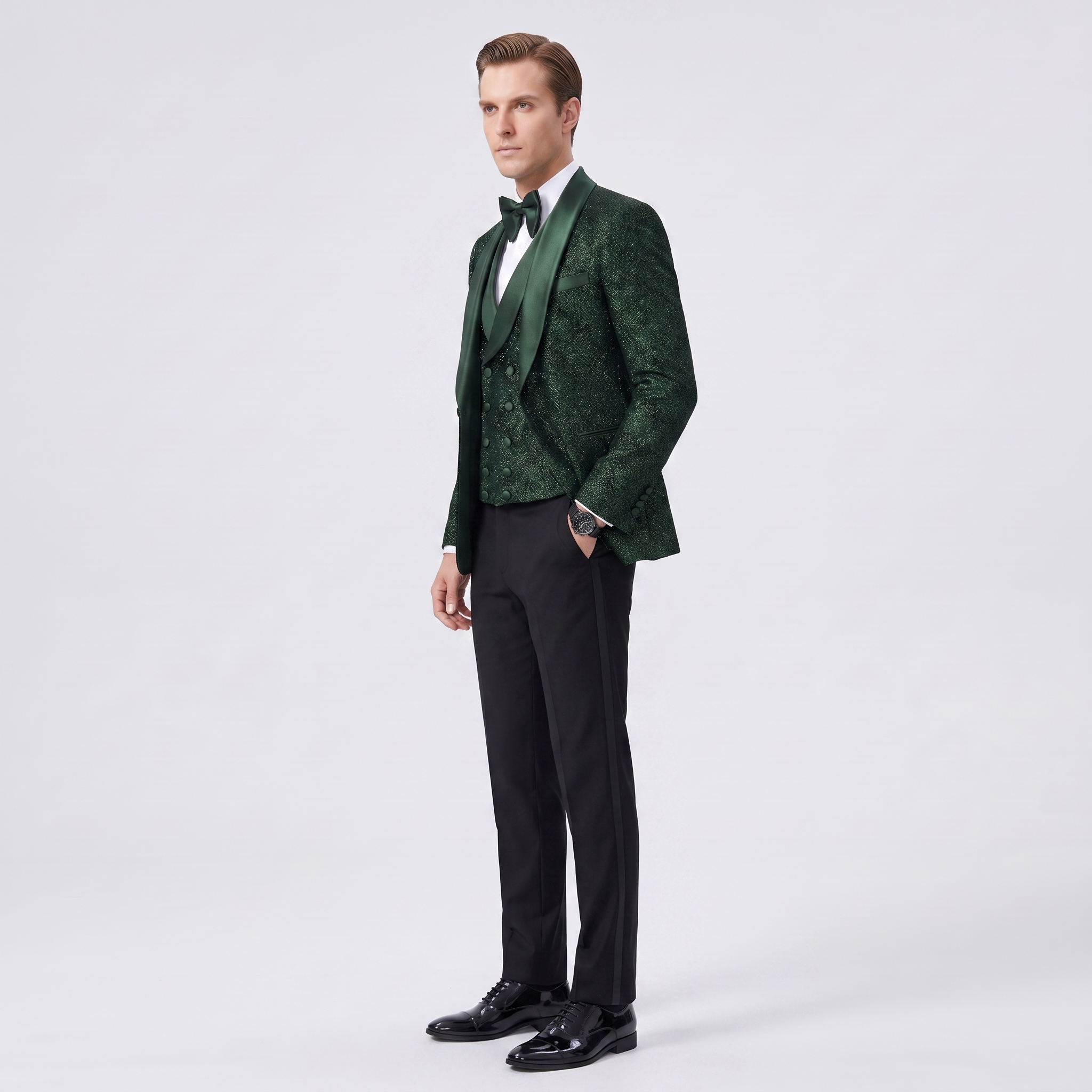 Ceehuteey Men's Shiny Sequins 3 Pieces Shawl Lapel Men's Suit (Blazer + Vest + Pants)