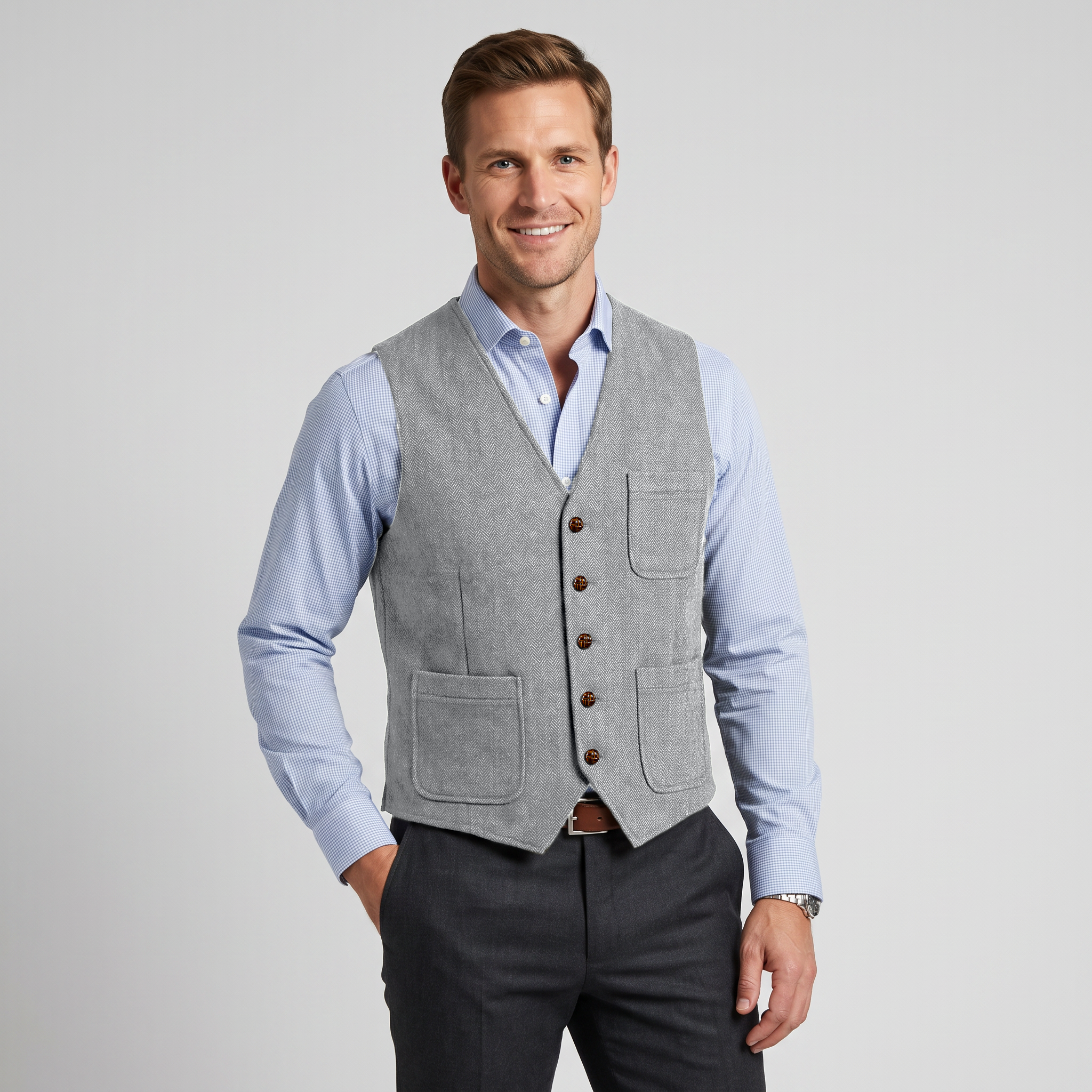 Ceehuteey Men's Tweed Herringbone V Neck Waistcoat