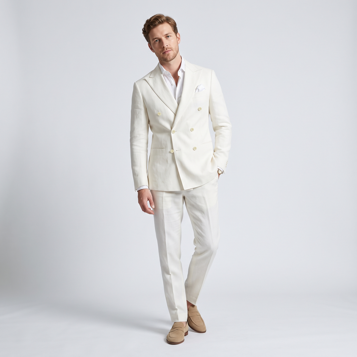 Ceehuteey Men's 2 Pieces Solid Linen Double Breasted Peak Lapel Suit (Blazer+Pants)