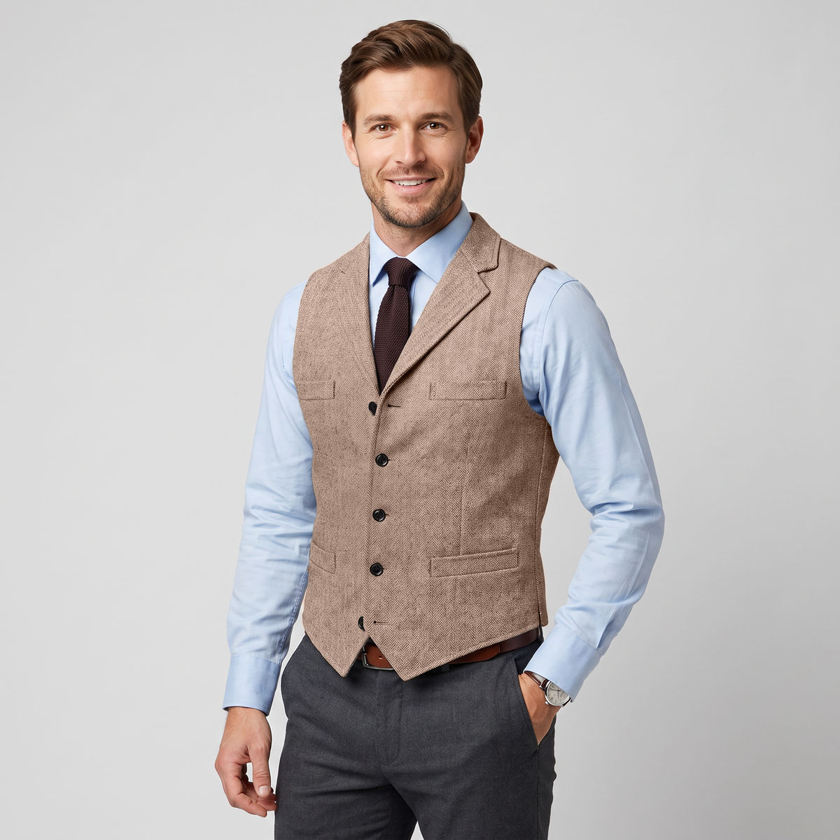 Ceehuteey Men's Classic Herringbone Notch Lapel Waistcoat