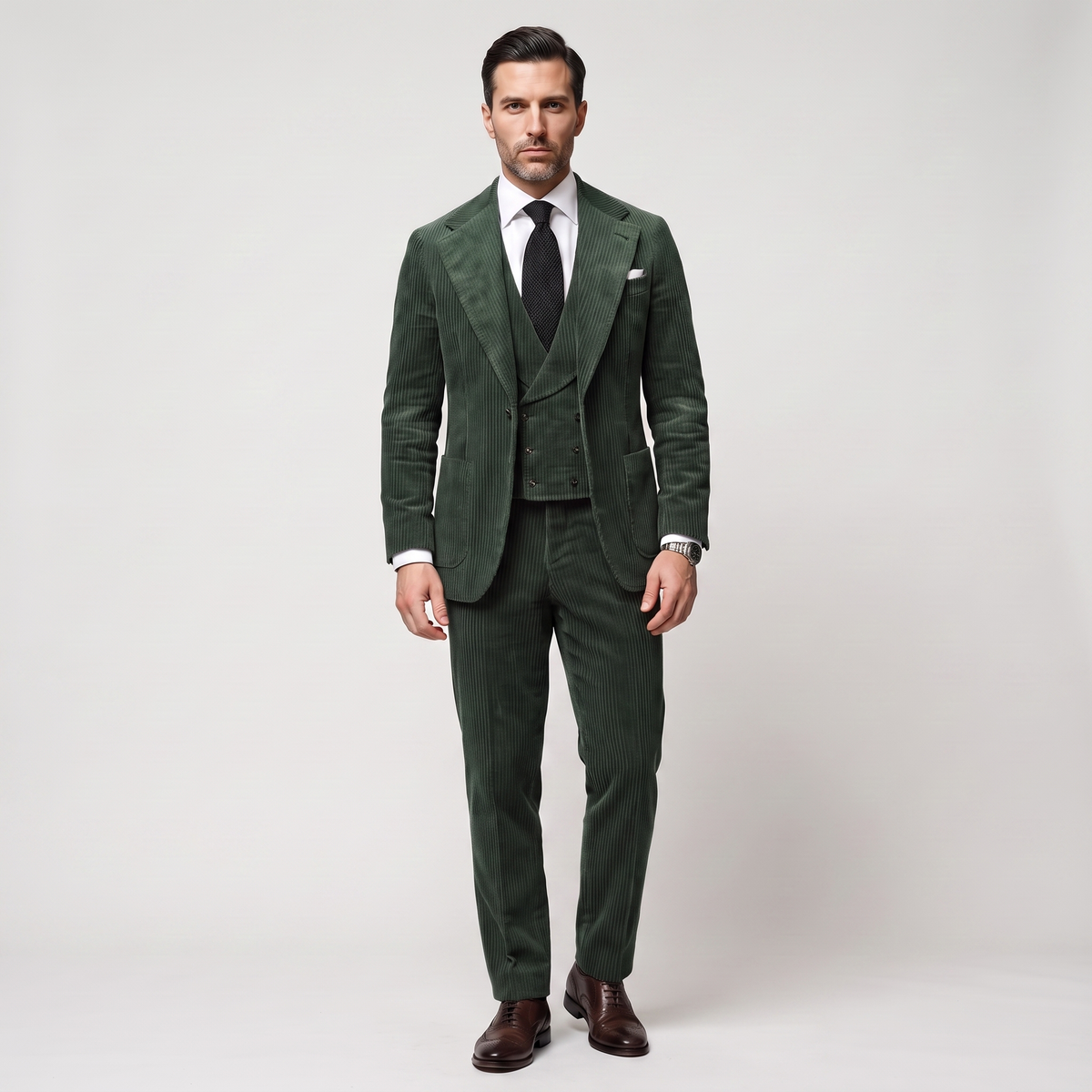 Ceehuteey Corduroy Men's Suit Solid 3 Pieces Notch Lapel Suit (Blazer+Vest+Pants)