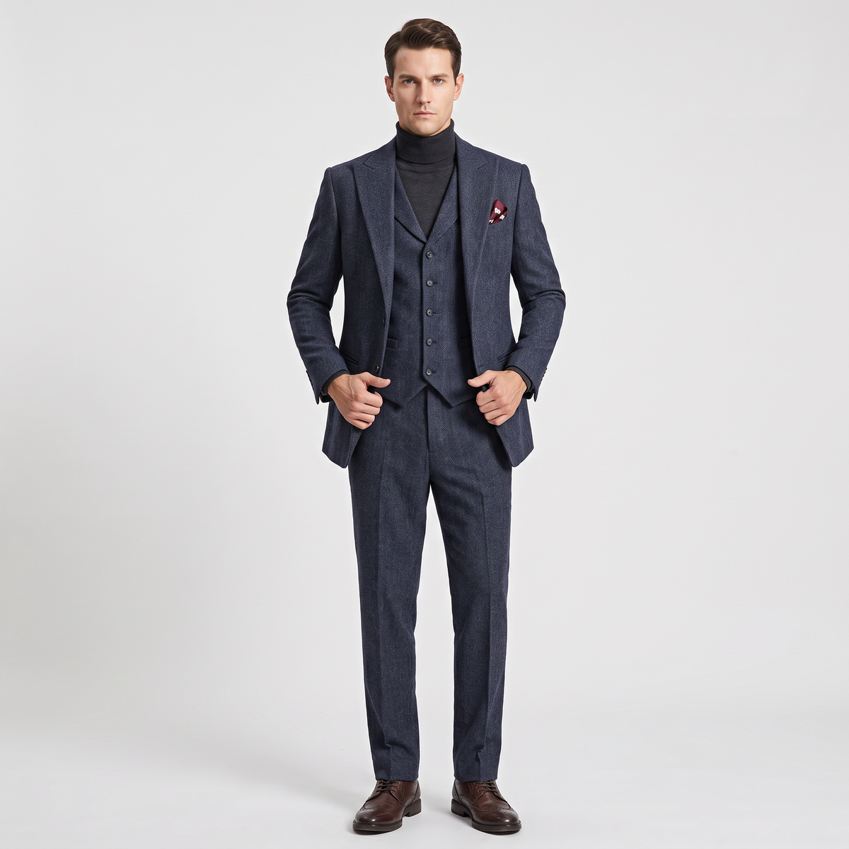 Ceehuteey Classic Men's 3 Pieces Peak Lapel Herringbone Suit (Blazer+Vest+Pants)