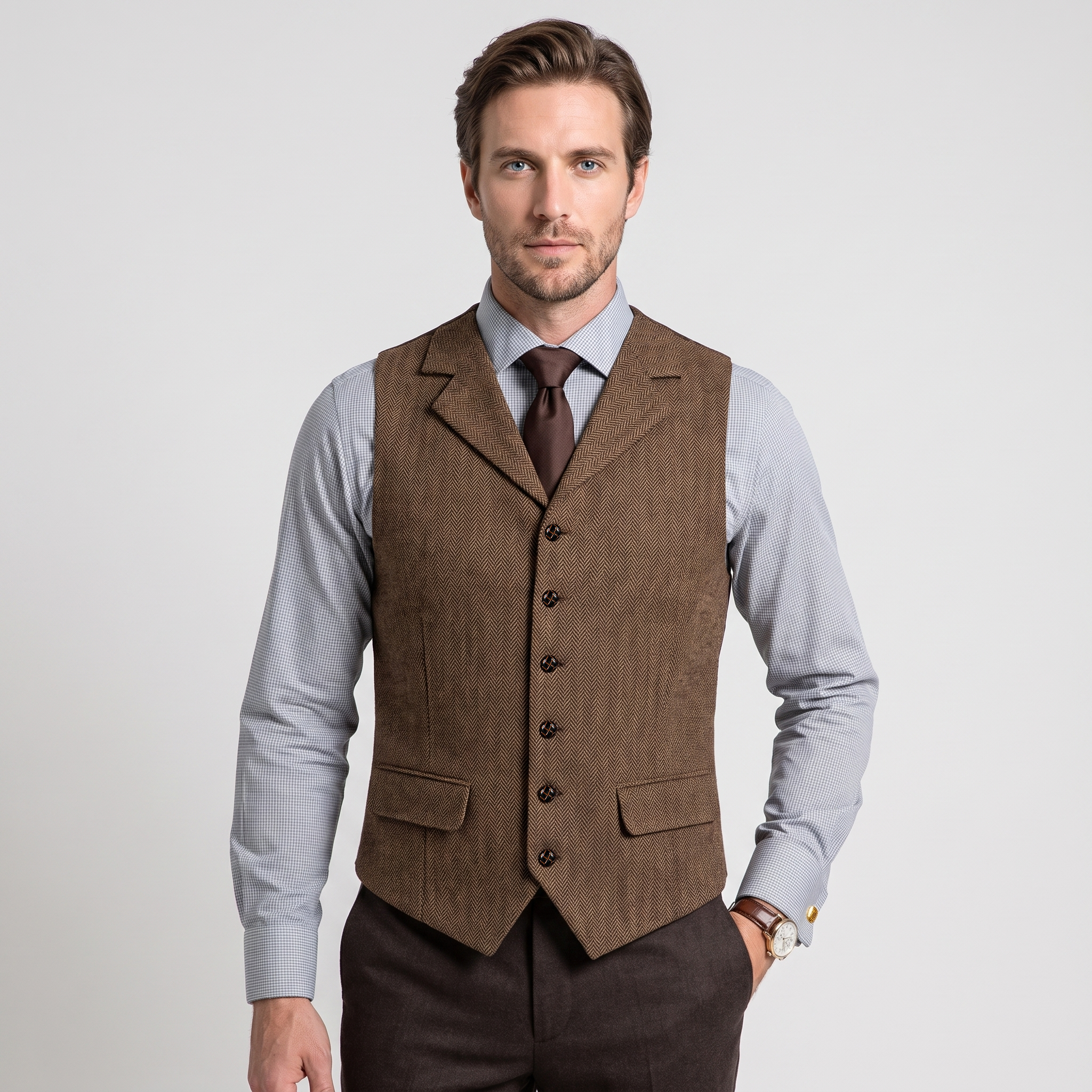 Ceehuteey Men's Classic vintage Vest Tweed Herringbone Notch Lapel Waistcoat