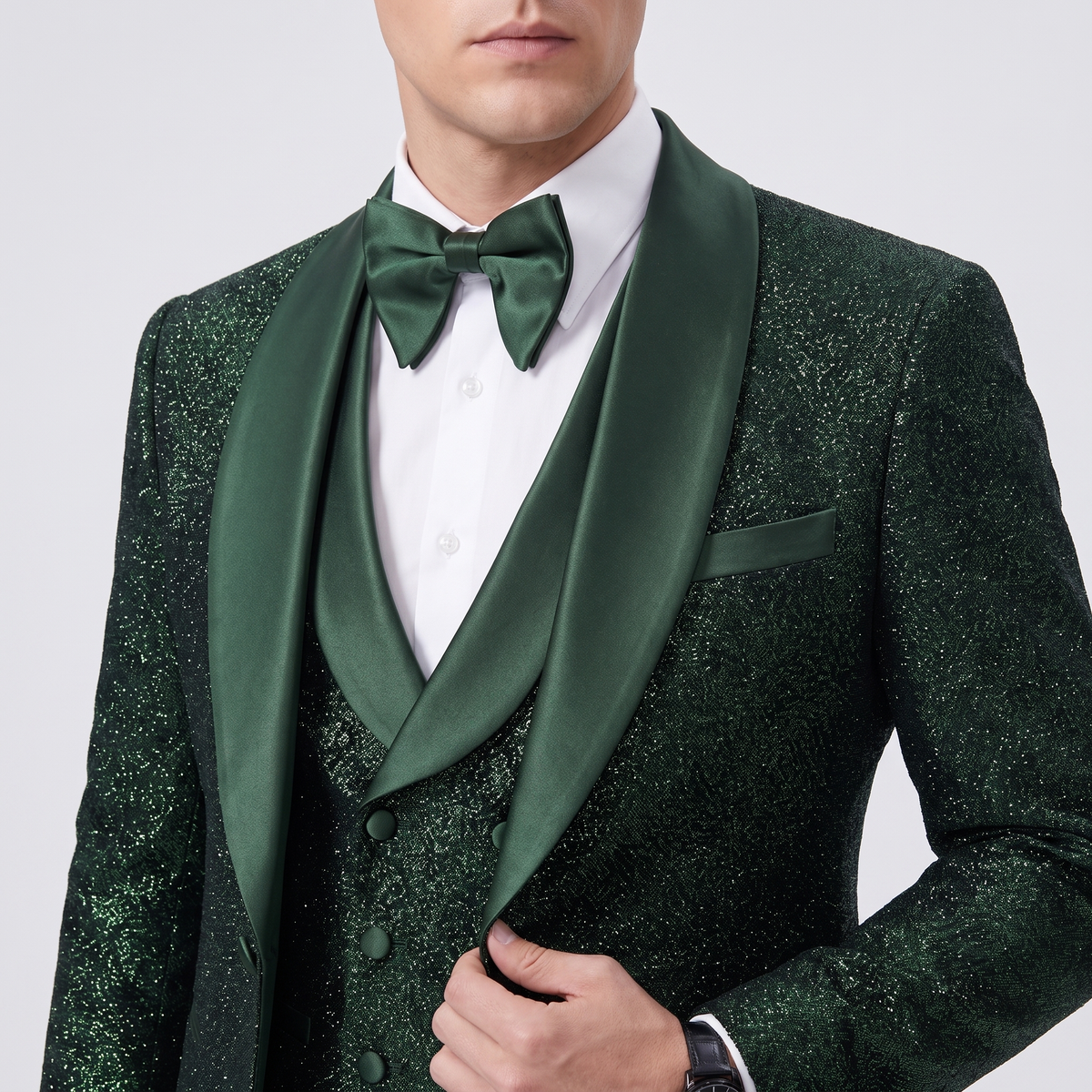 Ceehuteey Men's Shiny Sequins 3 Pieces Shawl Lapel Men's Suit (Blazer + Vest + Pants)