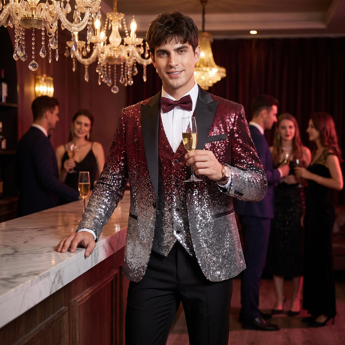 Ceehuteey Men's Shiny Sequins 3 Piece Suit Blazer One Button Prom (Blazer + Vest + Pants)