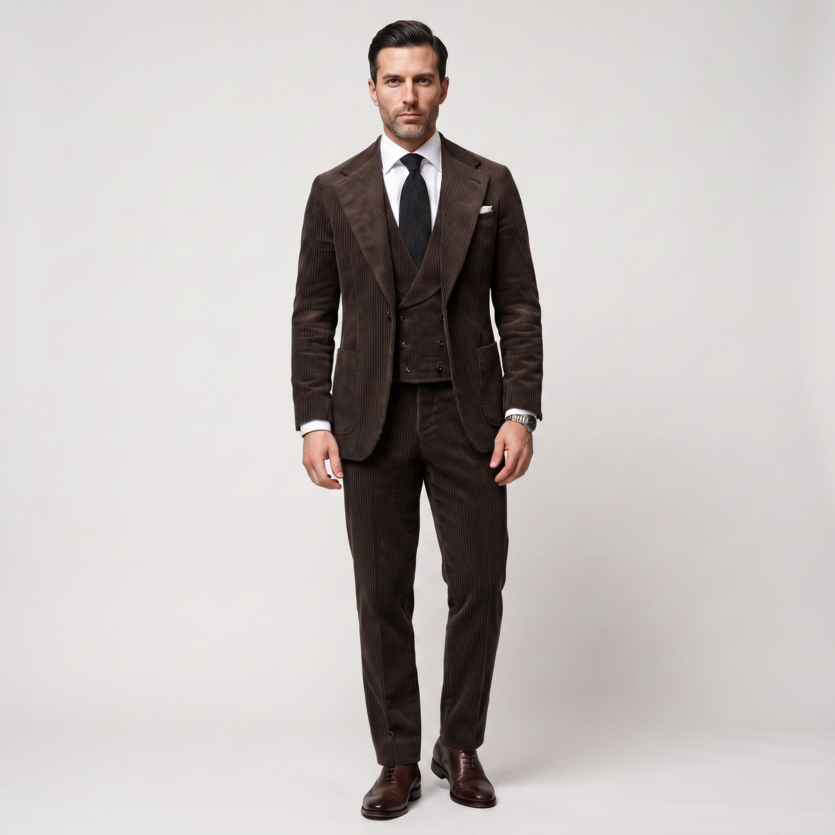 Ceehuteey Corduroy Men's Suit Solid 3 Pieces Notch Lapel Suit (Blazer+Vest+Pants)