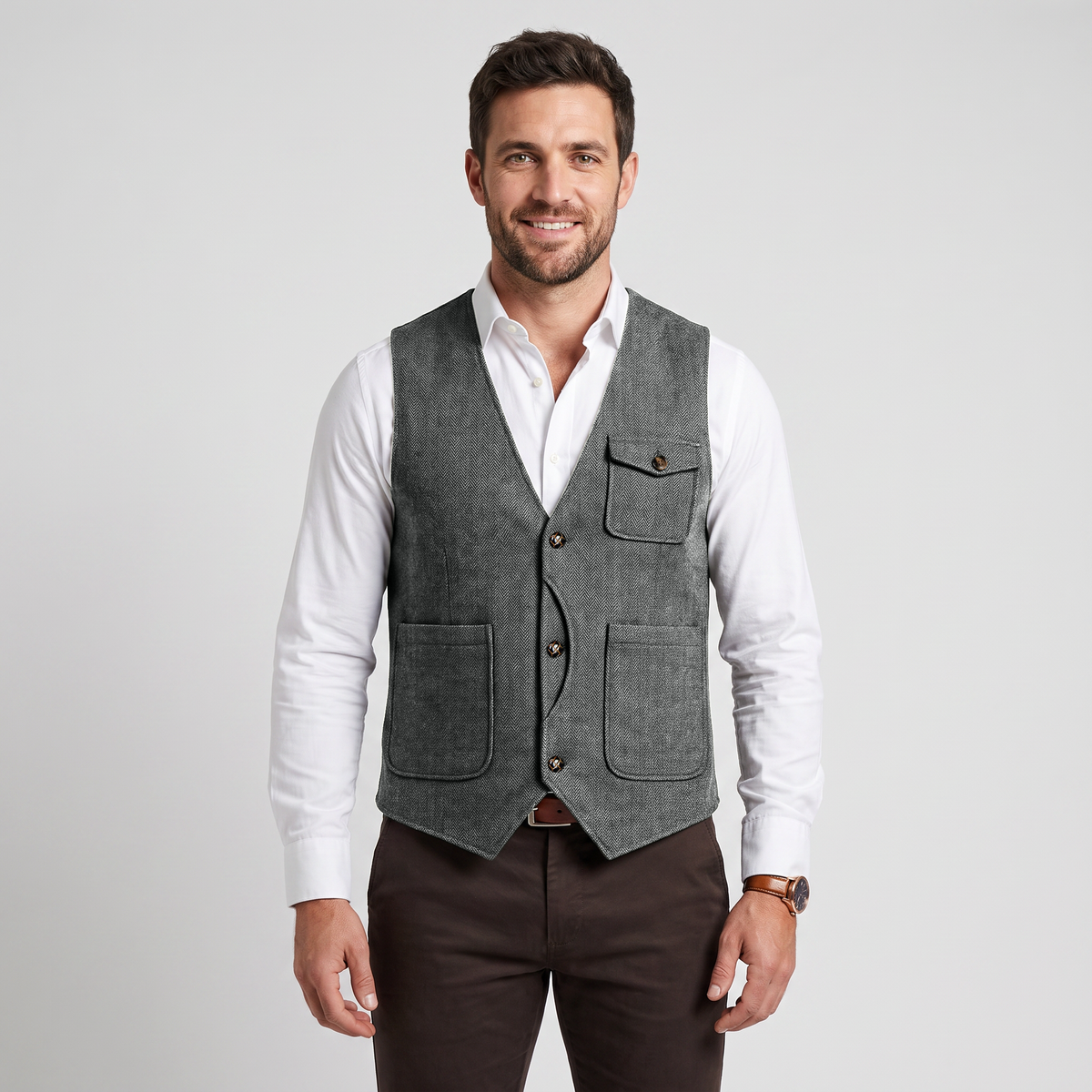 Ceehuteey Men‘s Causual V Neck Tweed Herringbone Waistcoat
