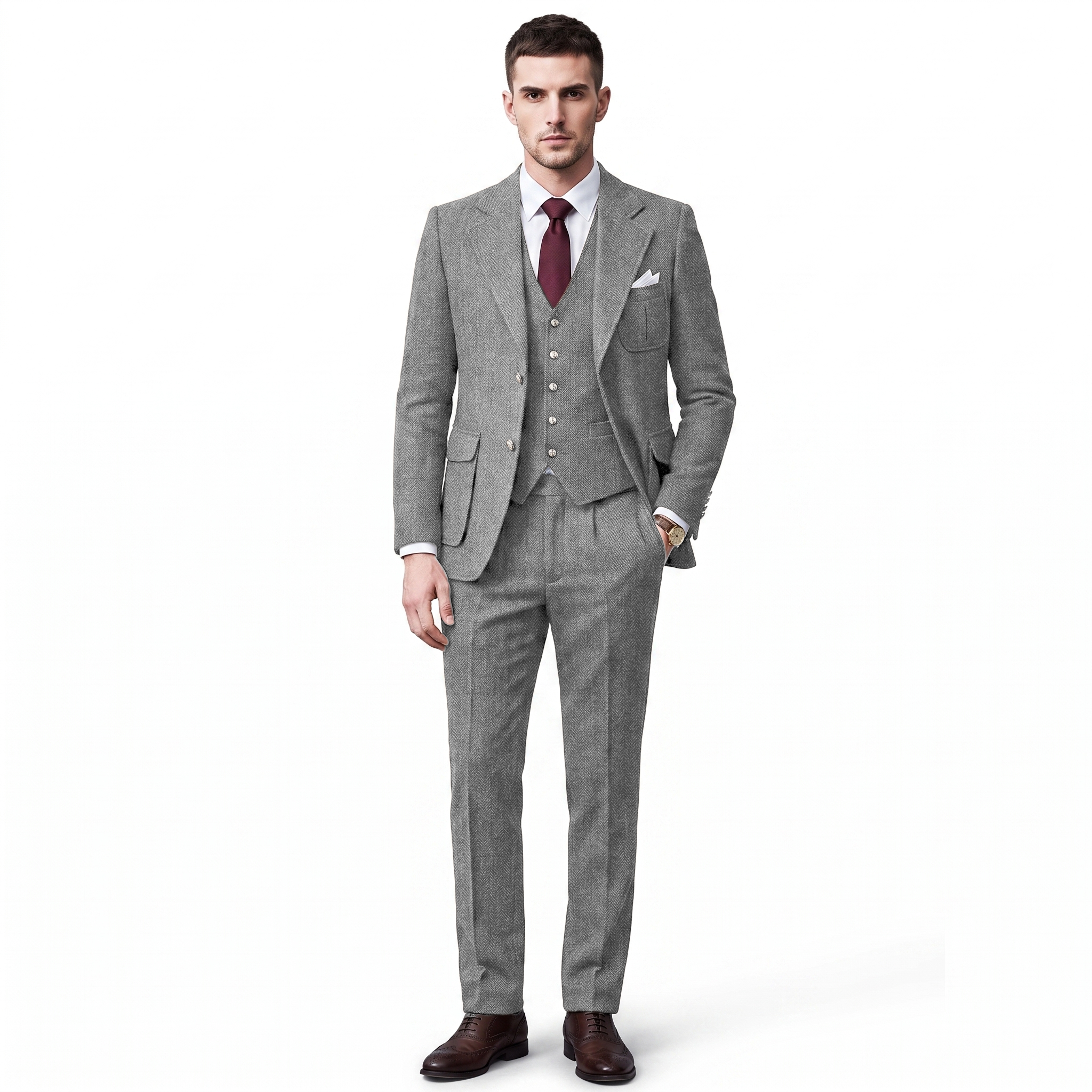 Ceehuteey Men's 3 Pieces Classic Herringbone Tweed Notch Lapel Suits (Blazer+Vest+Pants)