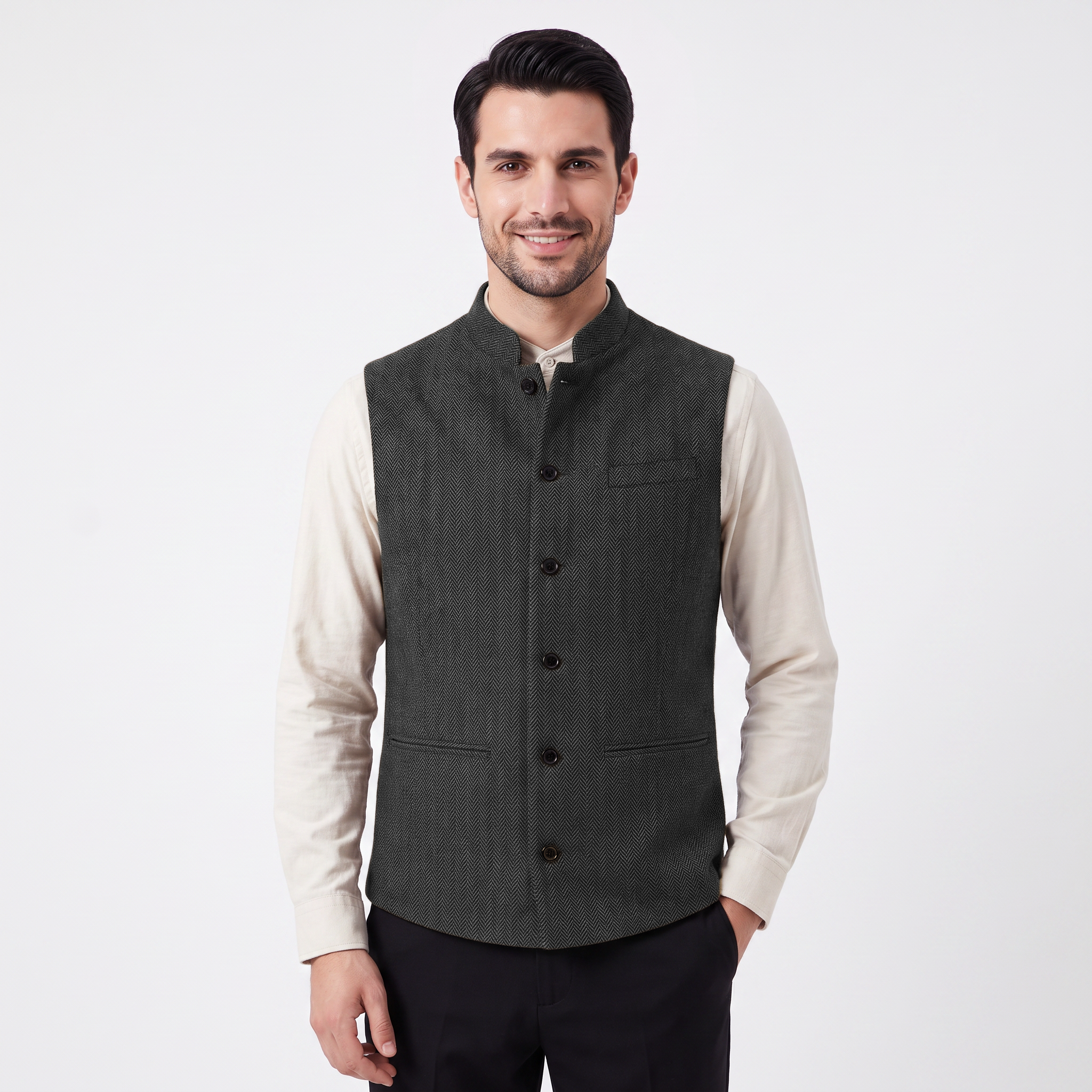 Ceehuteey Men's Herringbone Stand Collar Waistcoat