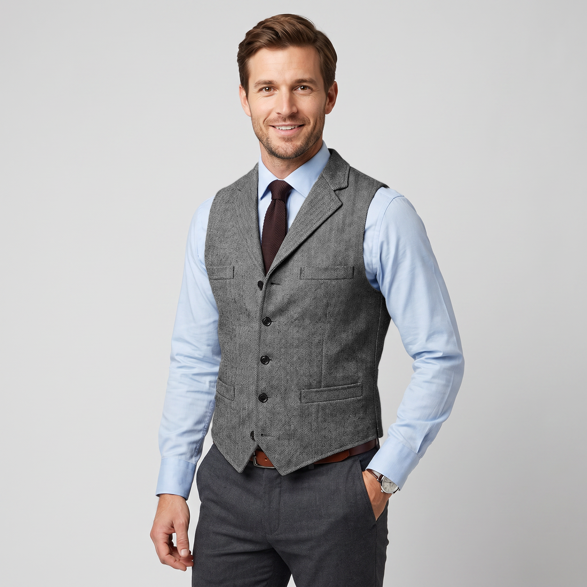 Ceehuteey Men's Classic Herringbone Notch Lapel Waistcoat