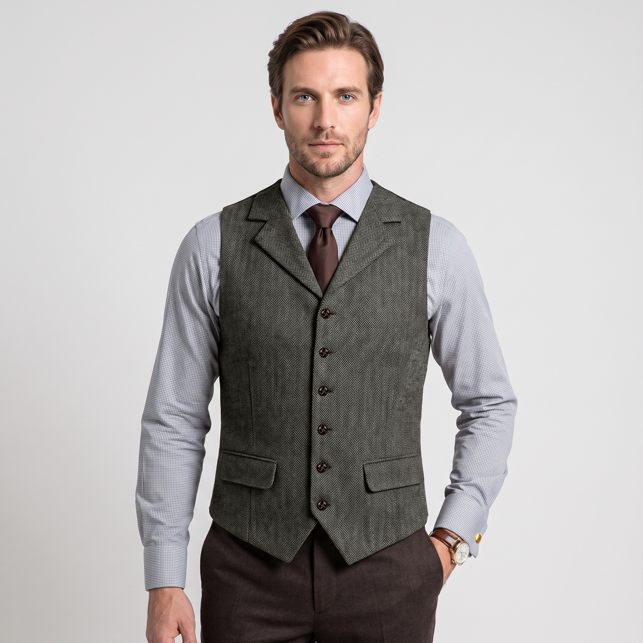 Ceehuteey Men's Classic vintage Vest Tweed Herringbone Notch Lapel Waistcoat