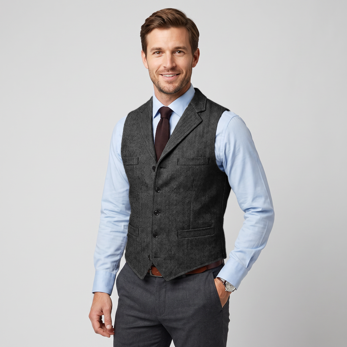 Ceehuteey Men's Classic Herringbone Notch Lapel Waistcoat