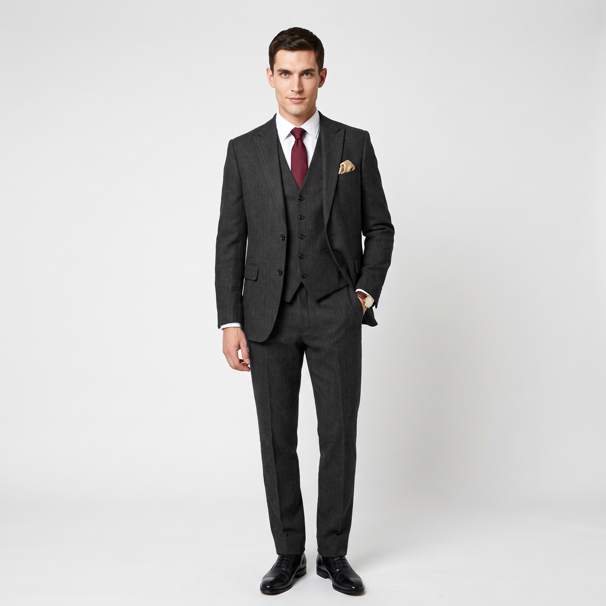 Ceehuteey 3 Pieces Men's Herringbone Peak Lapel For Wedding (Blazer+Vest+Pants)
