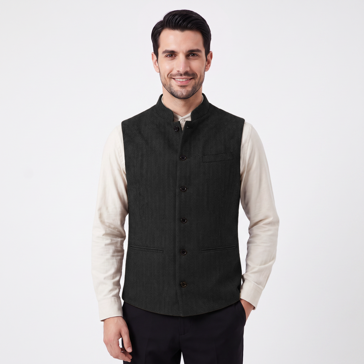 Ceehuteey Men's Herringbone Stand Collar Waistcoat