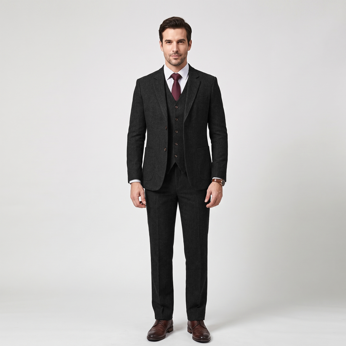 Ceehuteey 3 Pieces Men's Suit Herringbone Flat Notch Lapel Suit (Blazer+Vest+Pants)