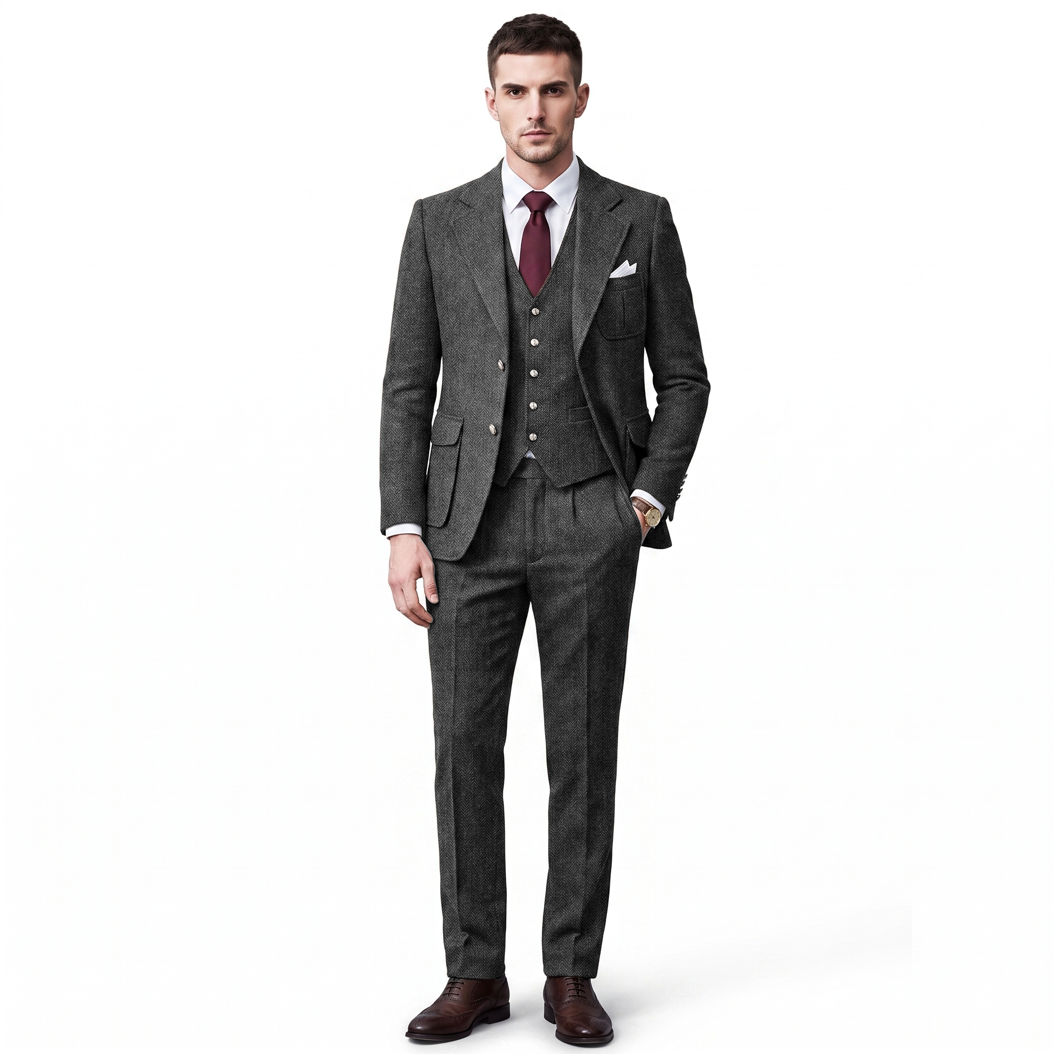 Ceehuteey Men's 3 Pieces Classic Herringbone Tweed Notch Lapel Suits (Blazer+Vest+Pants)