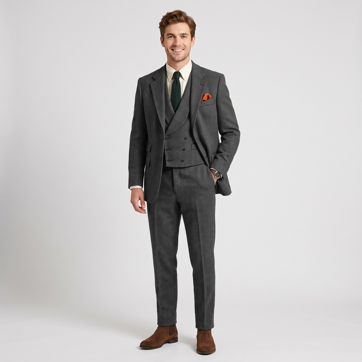 Ceehuteey 3 Pieces Men's Herringbone Notch Lapel Suit for Men (Blazer+Vest+Pants)