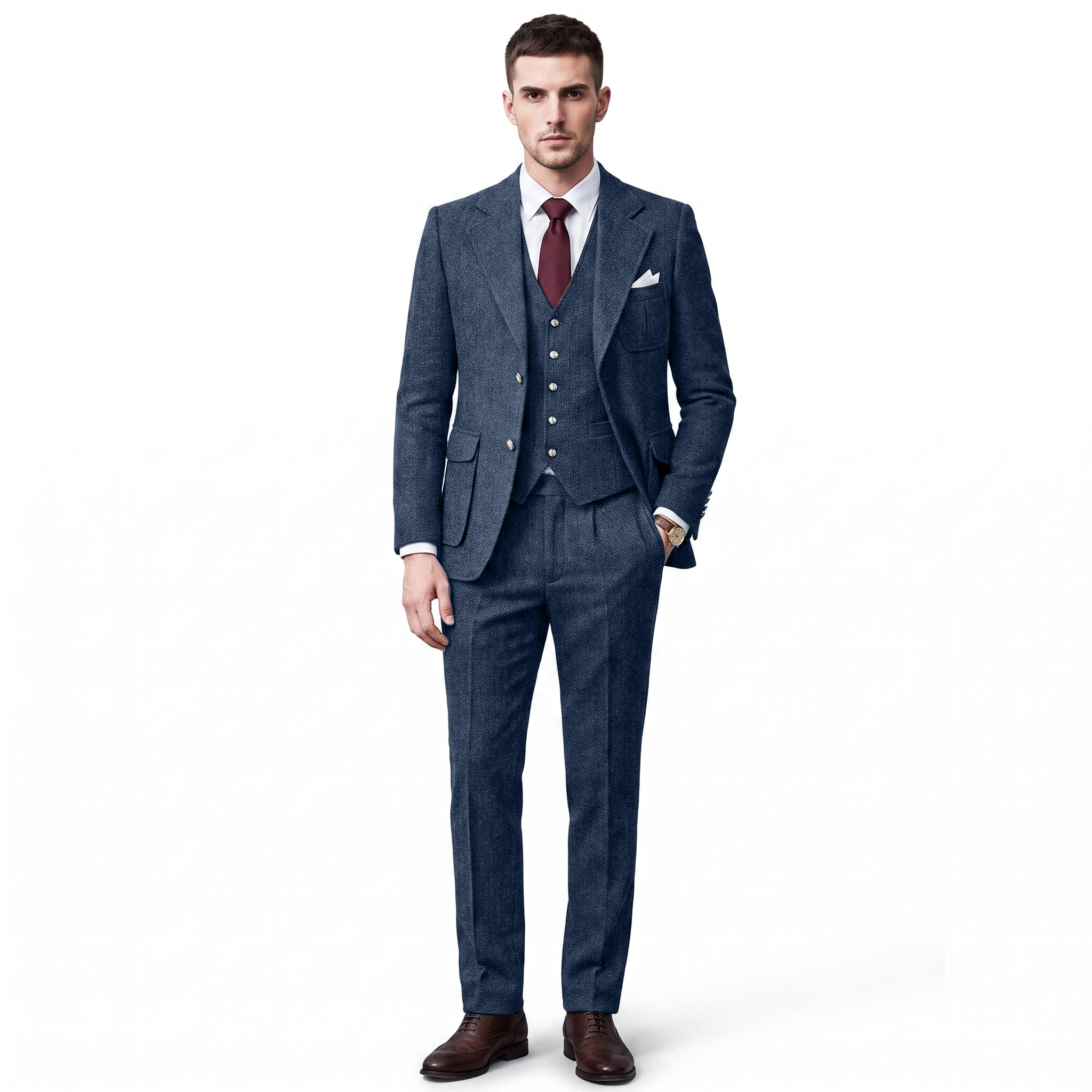 Ceehuteey Men's 3 Pieces Classic Herringbone Tweed Notch Lapel Suits (Blazer+Vest+Pants)