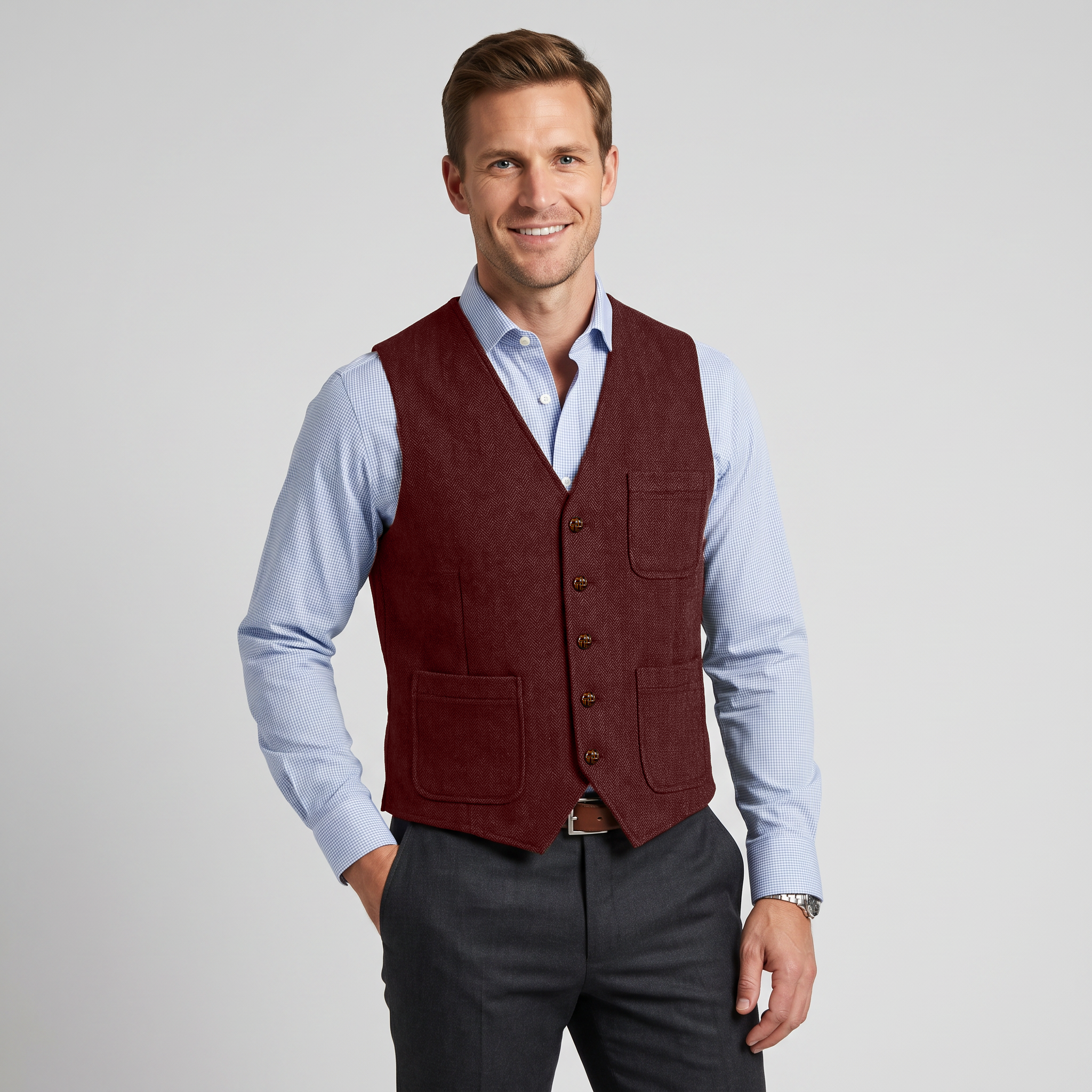 Ceehuteey Men's Tweed Herringbone V Neck Waistcoat