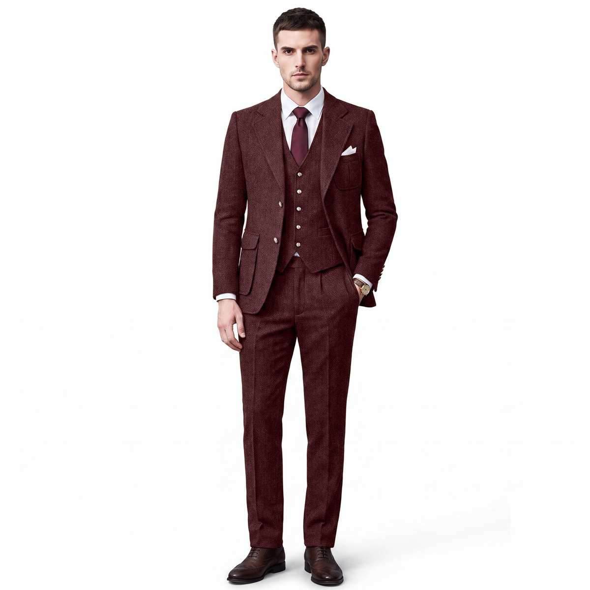 Ceehuteey Men's 3 Pieces Classic Herringbone Tweed Notch Lapel Suits (Blazer+Vest+Pants)