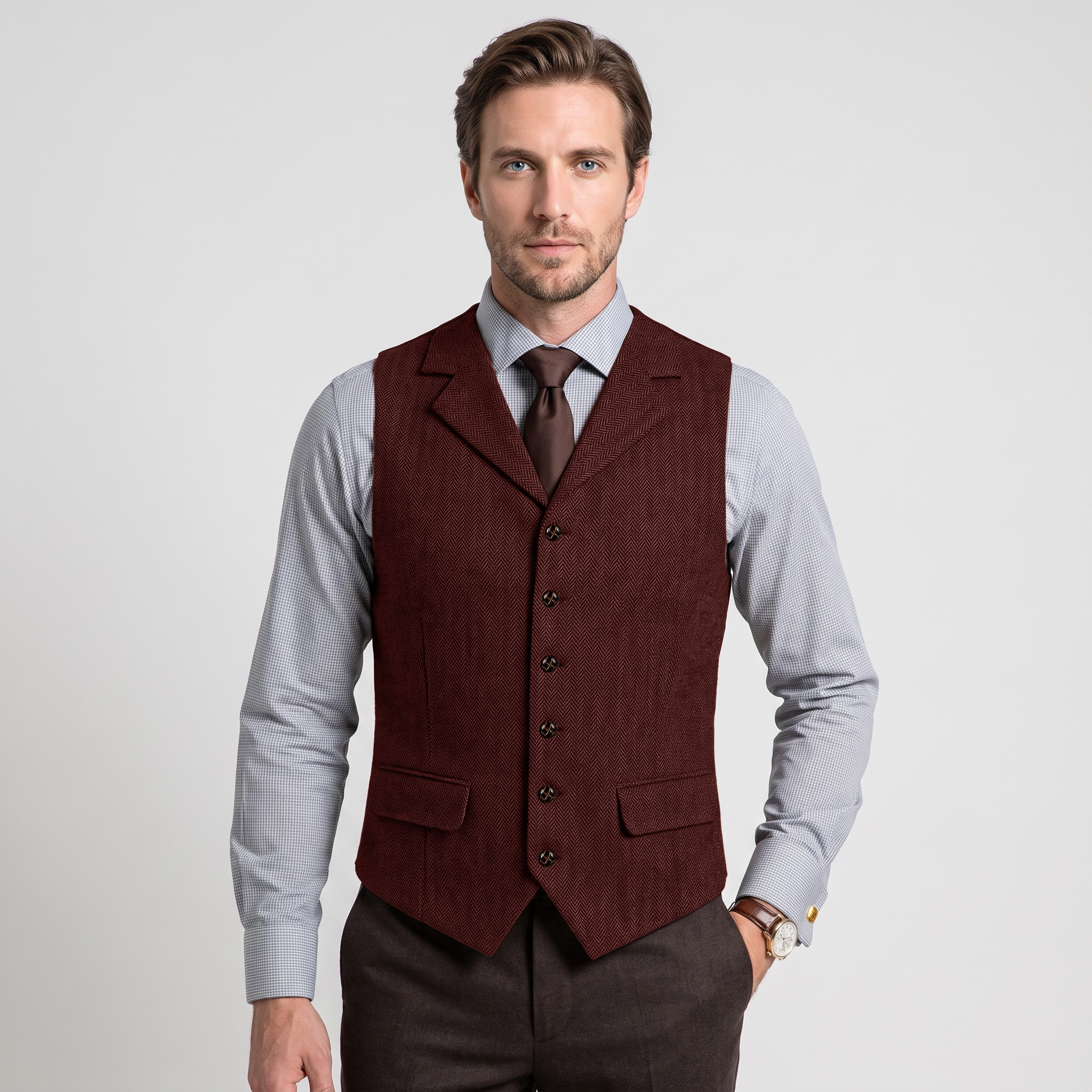 Ceehuteey Men's Classic vintage Vest Tweed Herringbone Notch Lapel Waistcoat