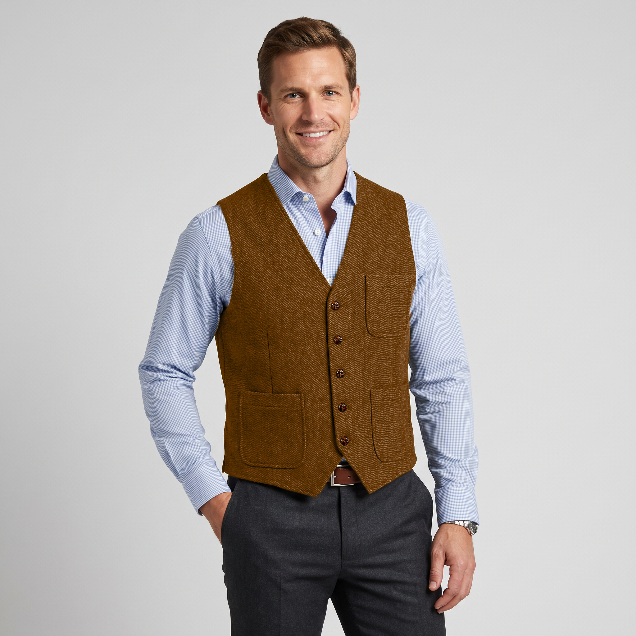 Ceehuteey Men's Tweed Herringbone V Neck Waistcoat