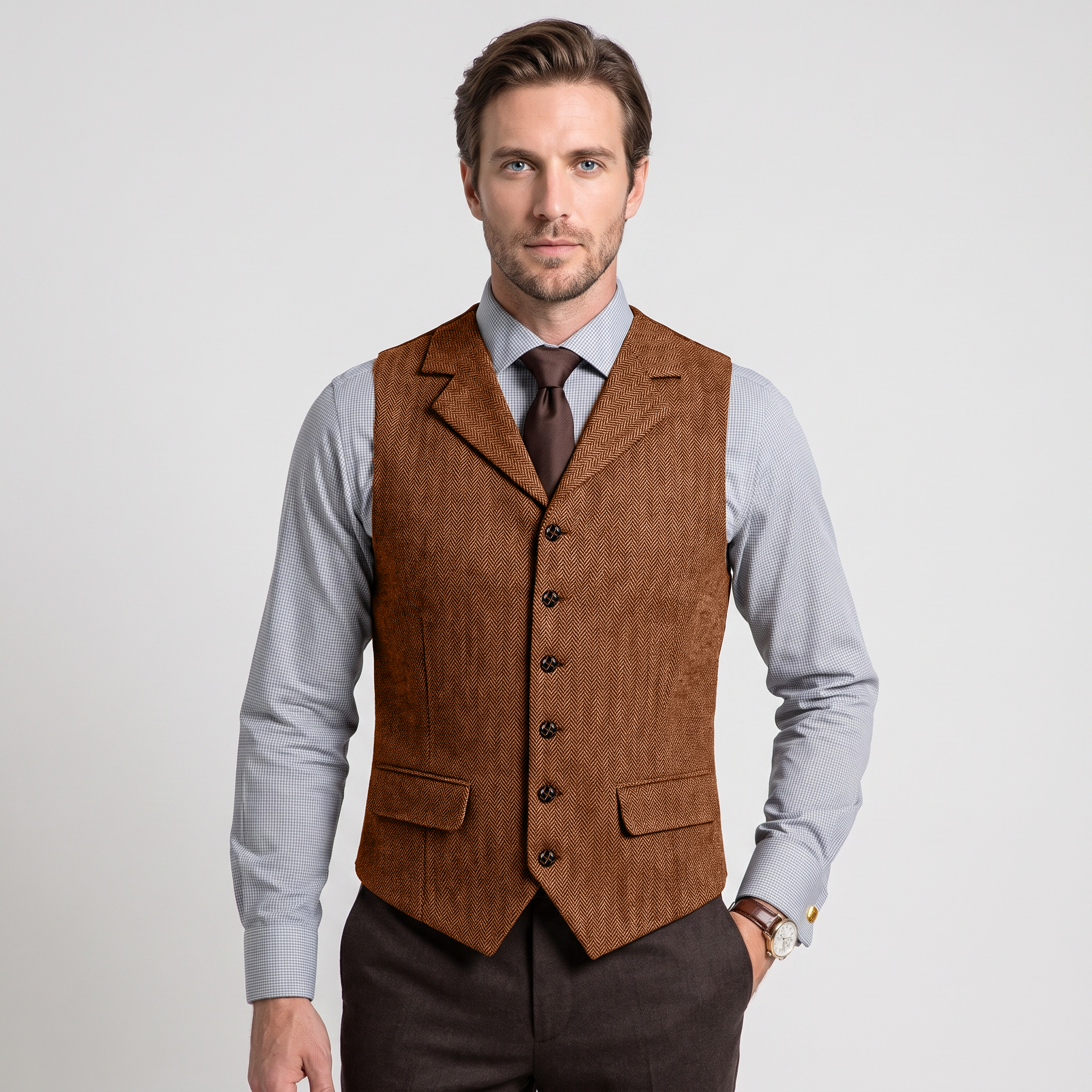 Ceehuteey Men's Classic vintage Vest Tweed Herringbone Notch Lapel Waistcoat