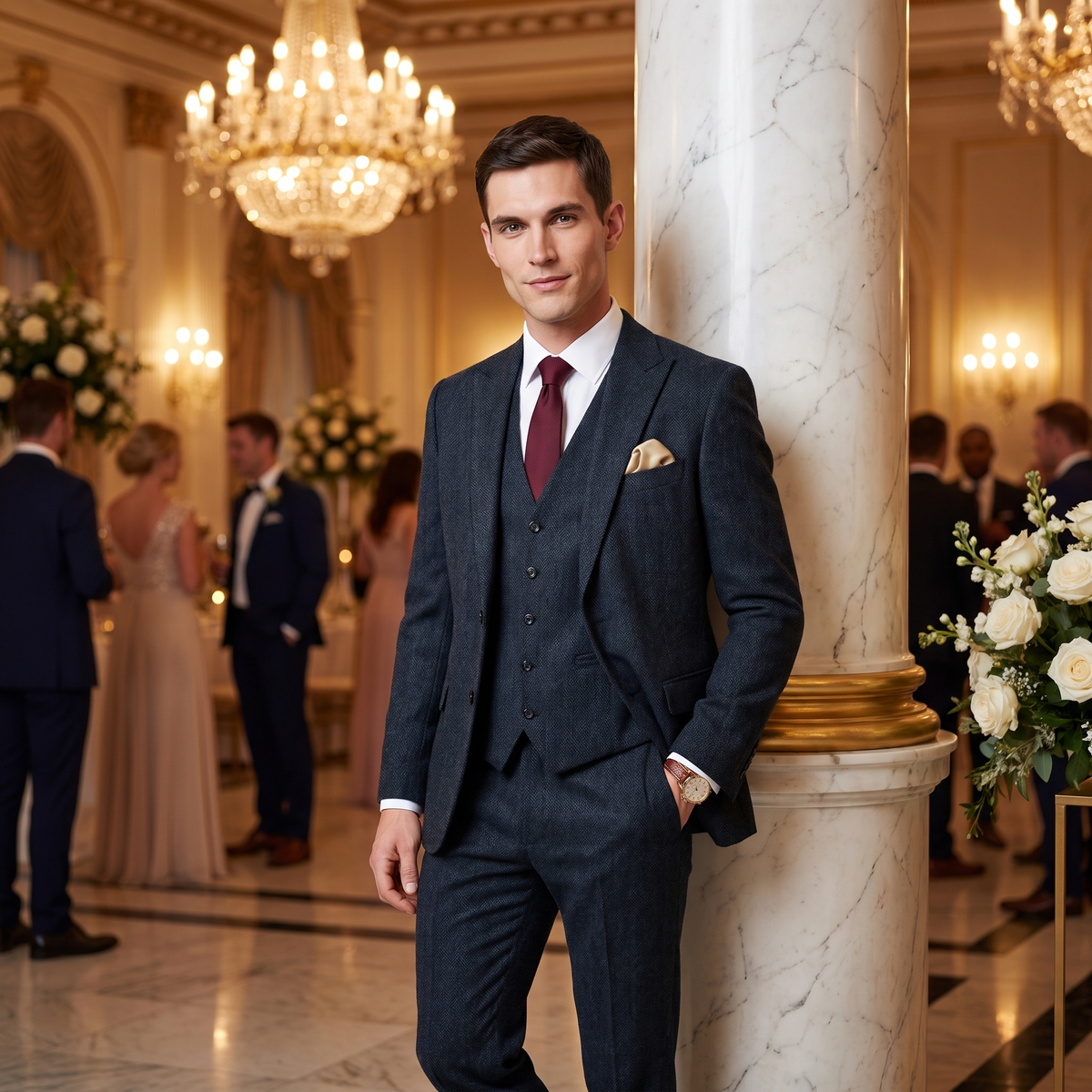 Ceehuteey 3 Pieces Men's Herringbone Peak Lapel For Wedding (Blazer+Vest+Pants)