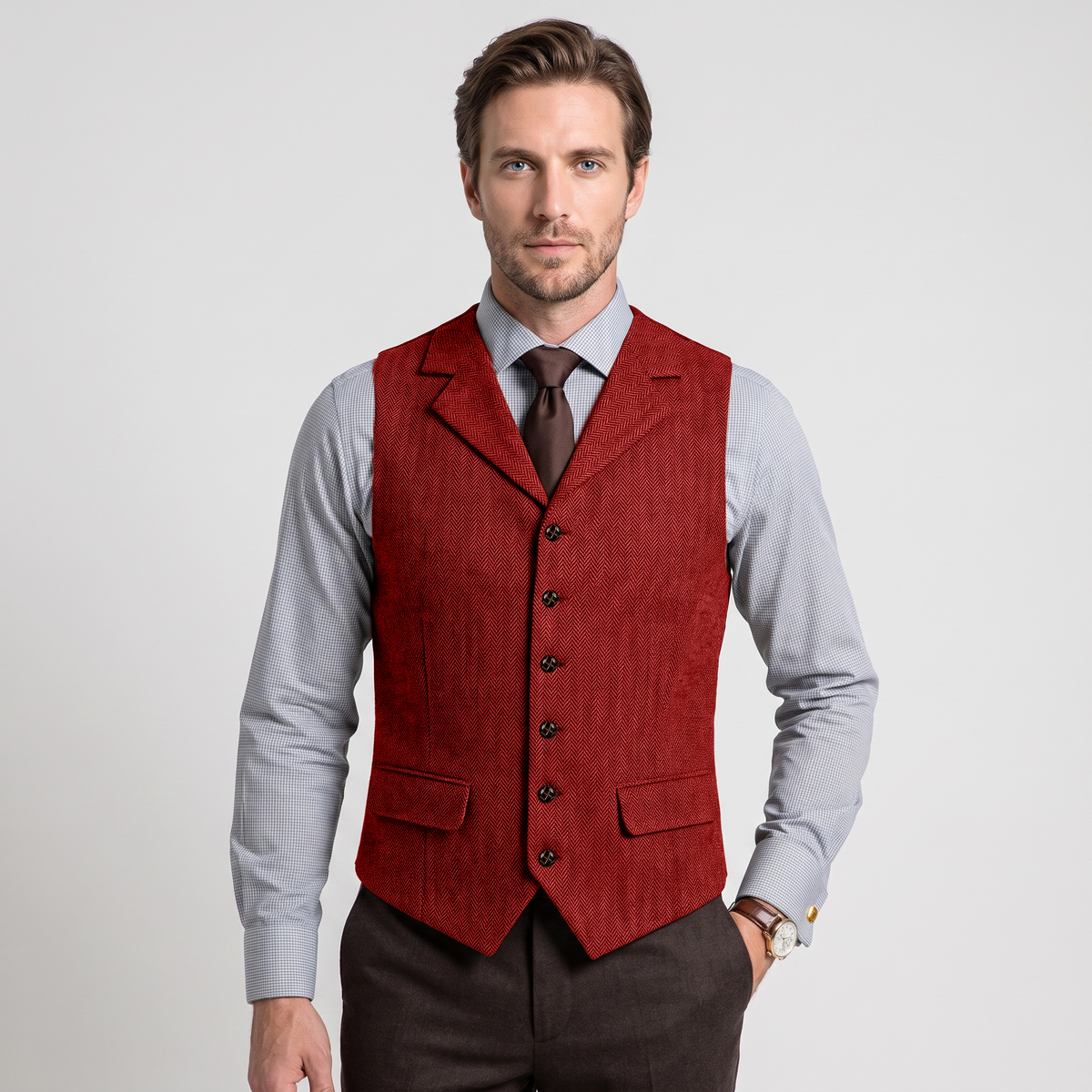 Ceehuteey Men's Classic vintage Vest Tweed Herringbone Notch Lapel Waistcoat