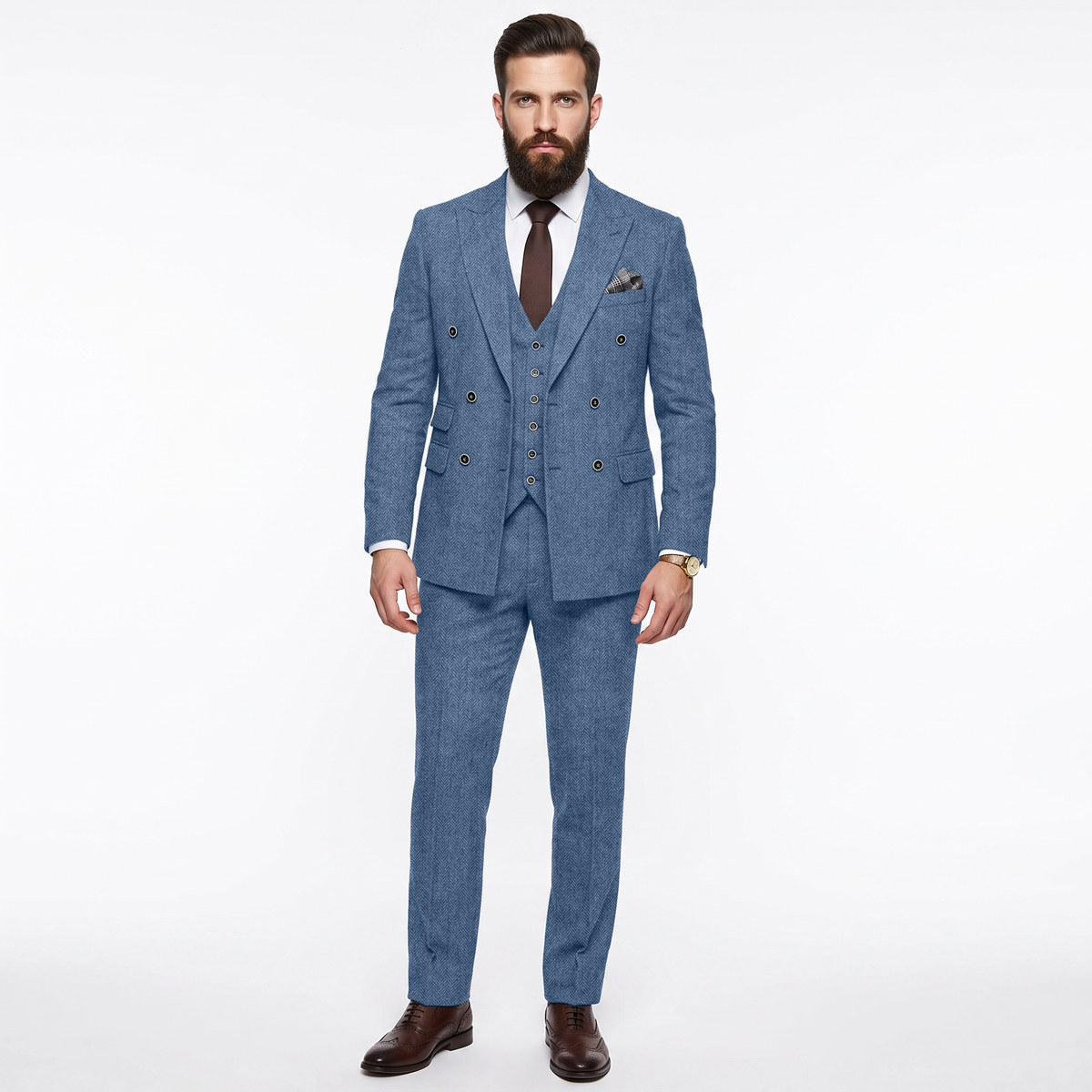 Ceehuteey Men's 3 Pieces Suit Classic Herringbone Tweed Peak Lapel Gent Suits (Blazer+Vest+Pants)