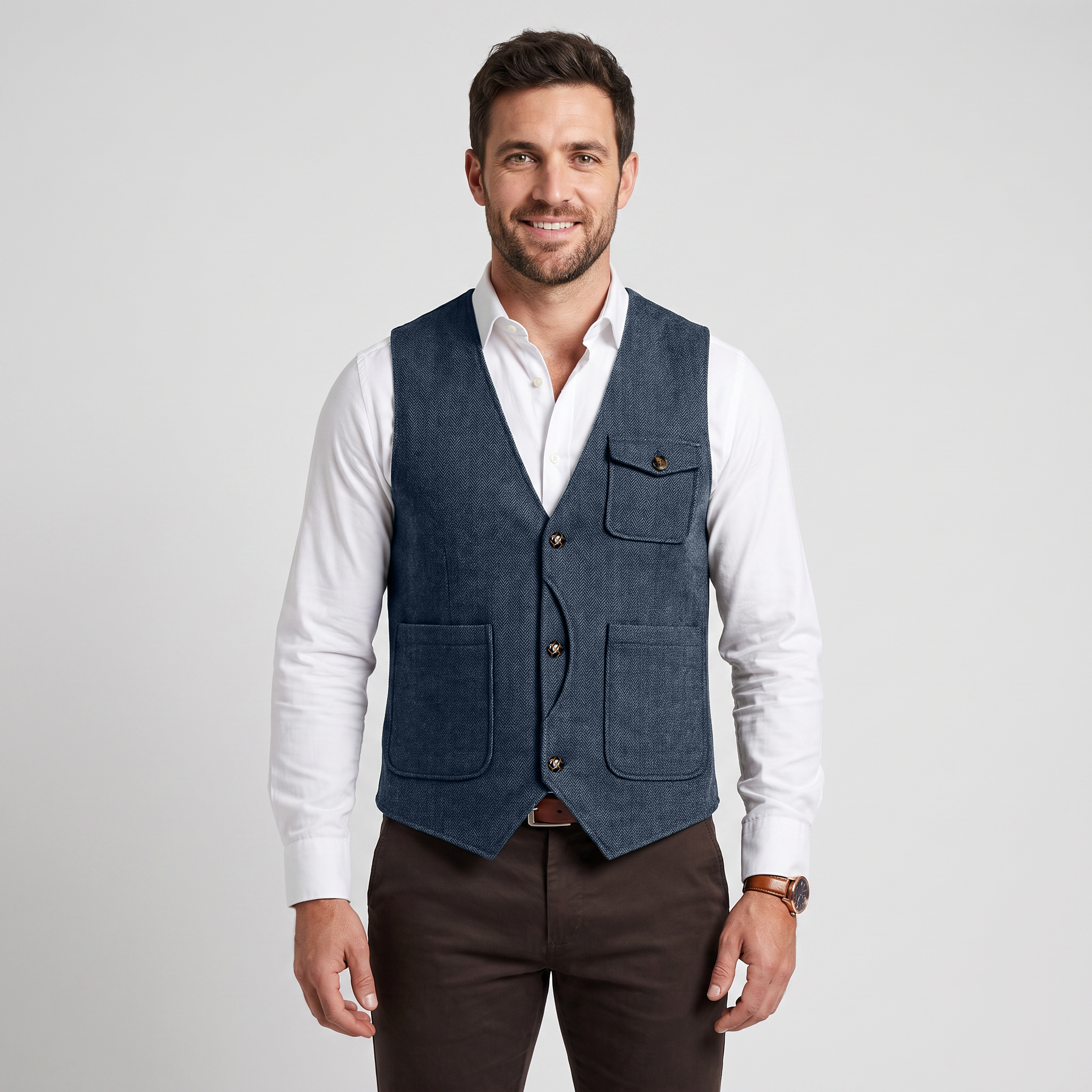 Ceehuteey Men‘s Causual V Neck Tweed Herringbone Waistcoat