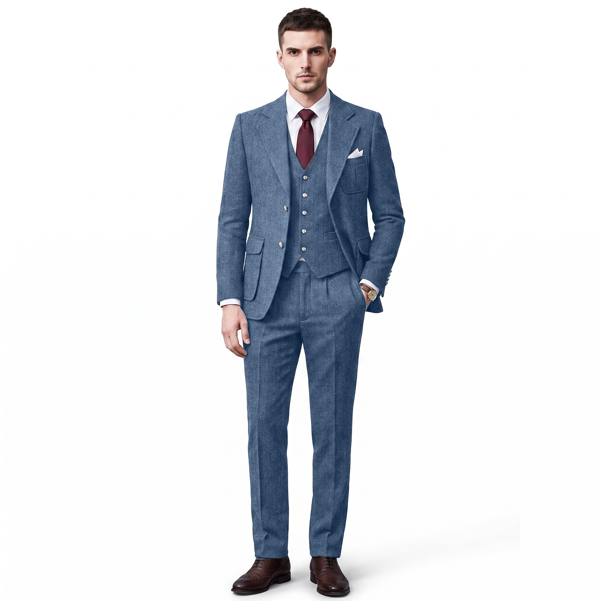 Ceehuteey Men's 3 Pieces Classic Herringbone Tweed Notch Lapel Suits (Blazer+Vest+Pants)