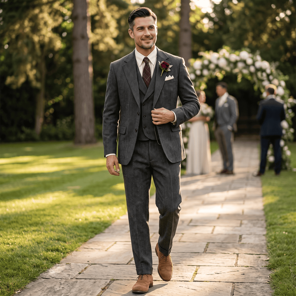 3 Pieces Double Breasted Herringbone Slim Fit Notch Lapel Men's Suit(Blazer+Vest+Pants)