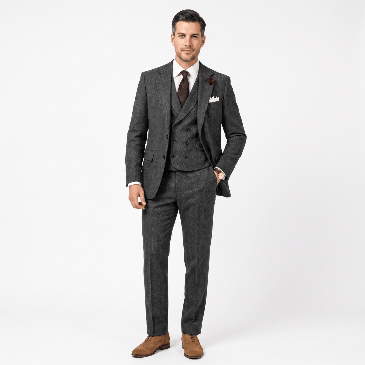 3 Pieces Double Breasted Herringbone Slim Fit Notch Lapel Men's Suit(Blazer+Vest+Pants)