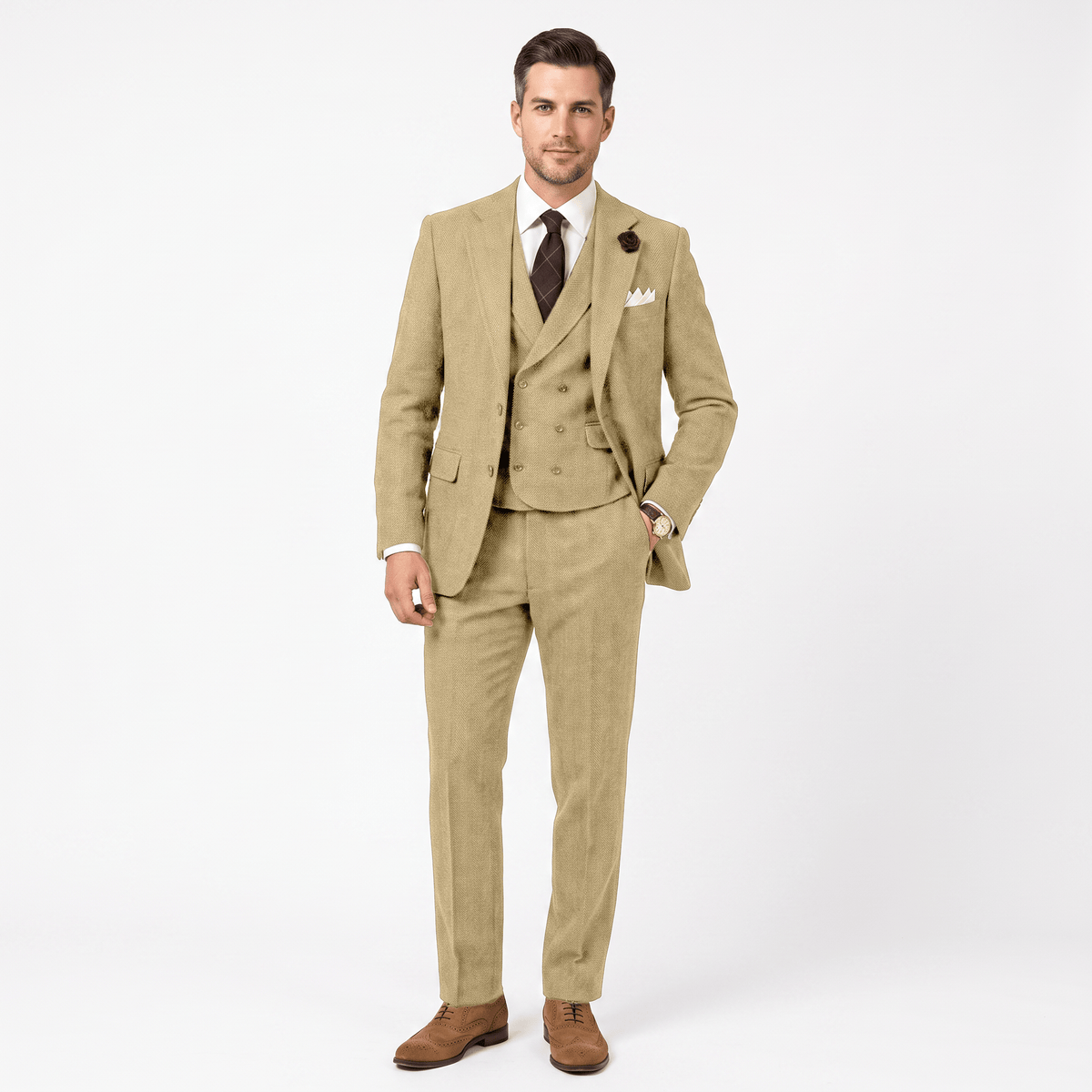 3 Pieces Double Breasted Herringbone Slim Fit Notch Lapel Men's Suit(Blazer+Vest+Pants)
