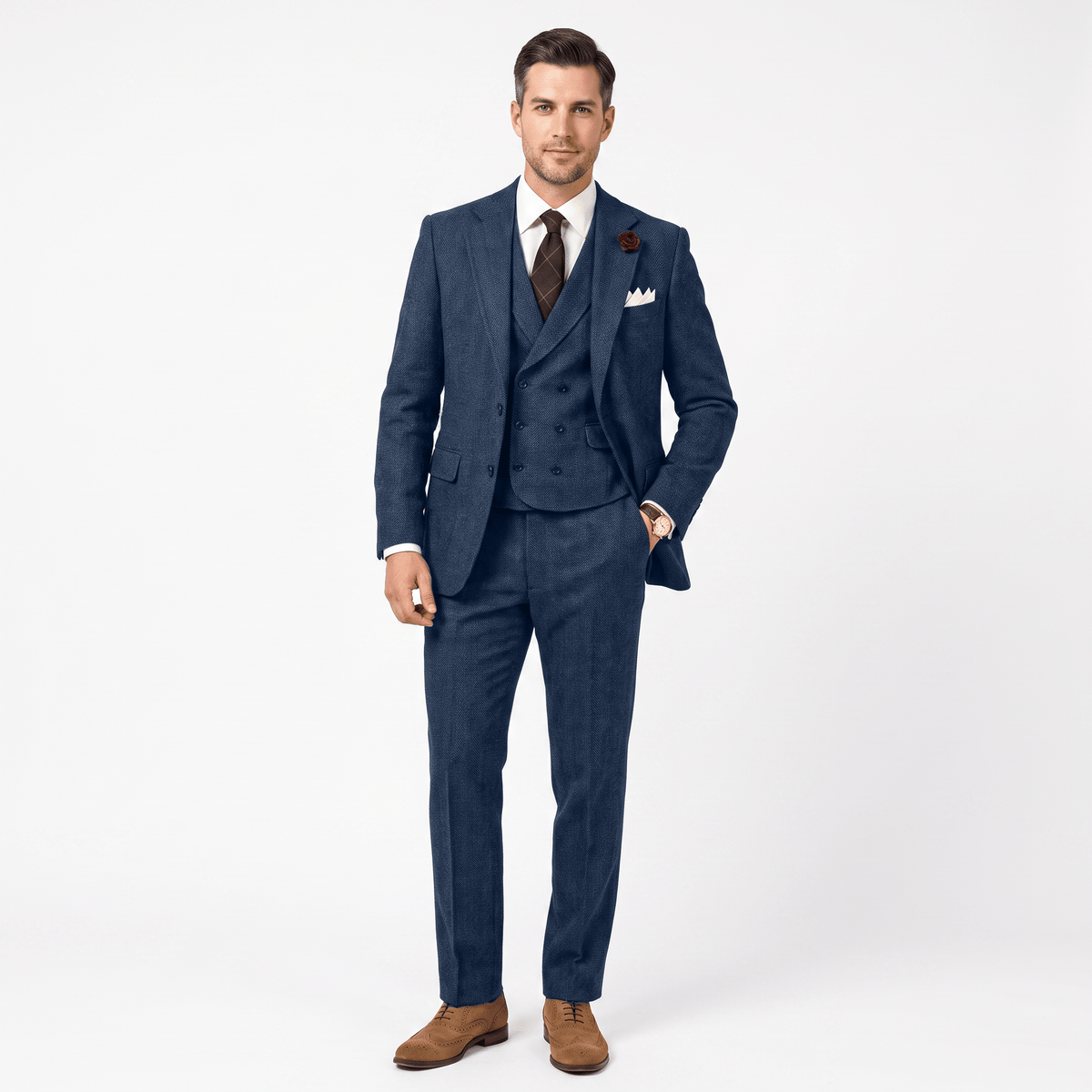3 Pieces Double Breasted Herringbone Slim Fit Notch Lapel Men's Suit(Blazer+Vest+Pants)