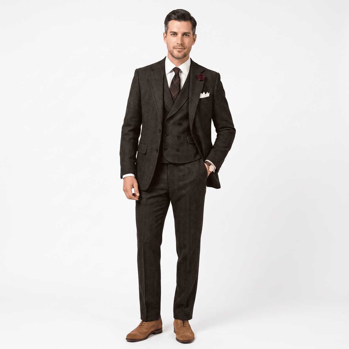 3 Pieces Double Breasted Herringbone Slim Fit Notch Lapel Men's Suit(Blazer+Vest+Pants)