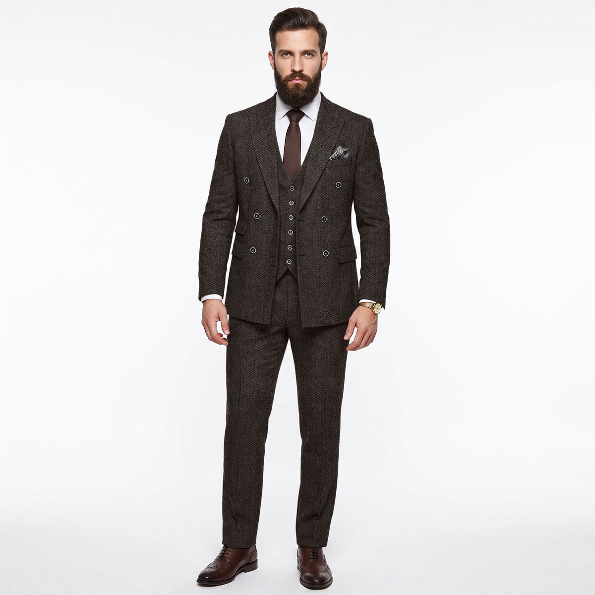 Ceehuteey Men's 3 Pieces Suit Classic Herringbone Tweed Peak Lapel Gent Suits (Blazer+Vest+Pants)