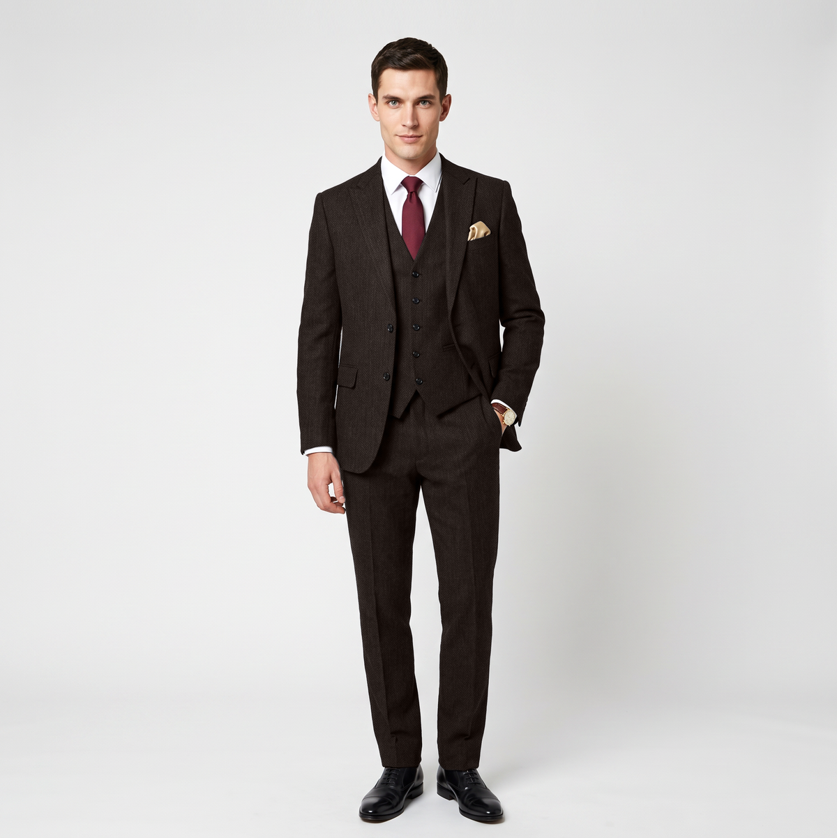 Ceehuteey 3 Pieces Men's Herringbone Peak Lapel For Wedding (Blazer+Vest+Pants)